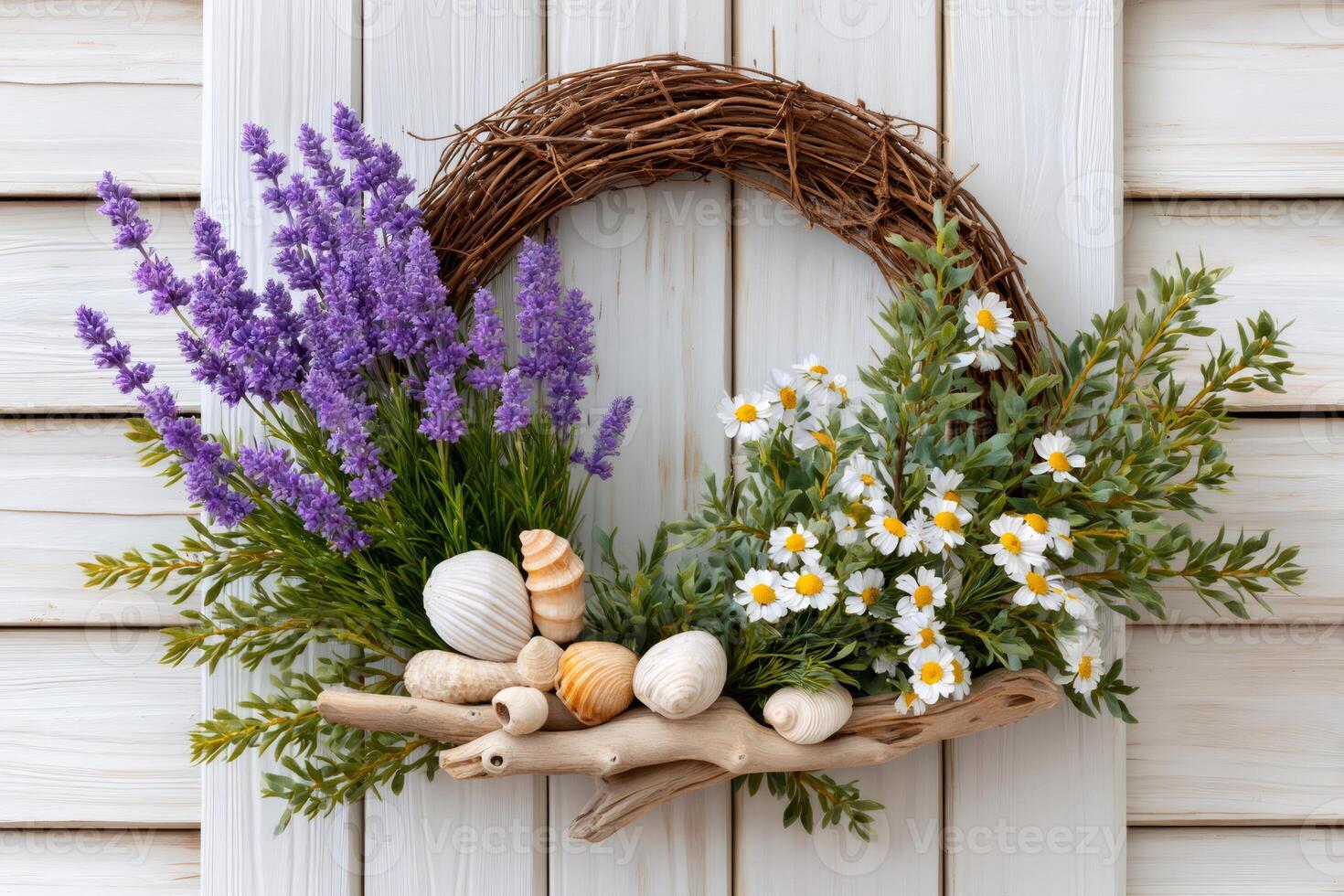 Lavender and chamomile decorating a grapevine wreath on white wooden background photo