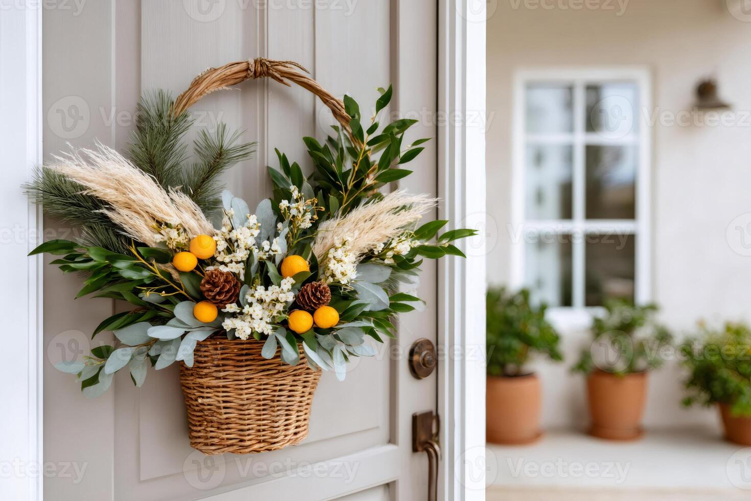 Decorative christmas wreath with oranges, pine cones and flowers hanging on a gray front door photo