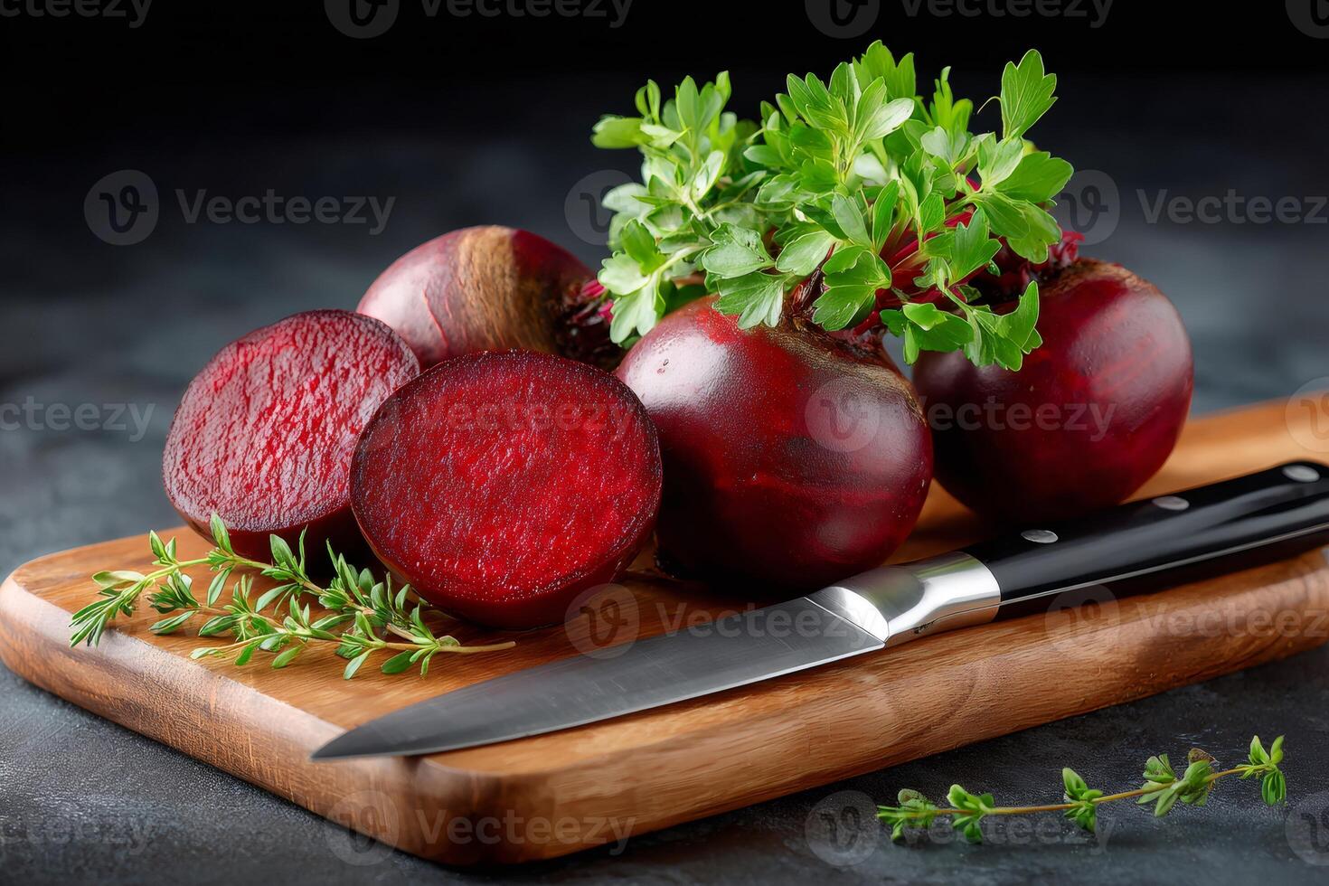 Fresh beetroots with leaves on wooden cutting board with knife and thyme photo