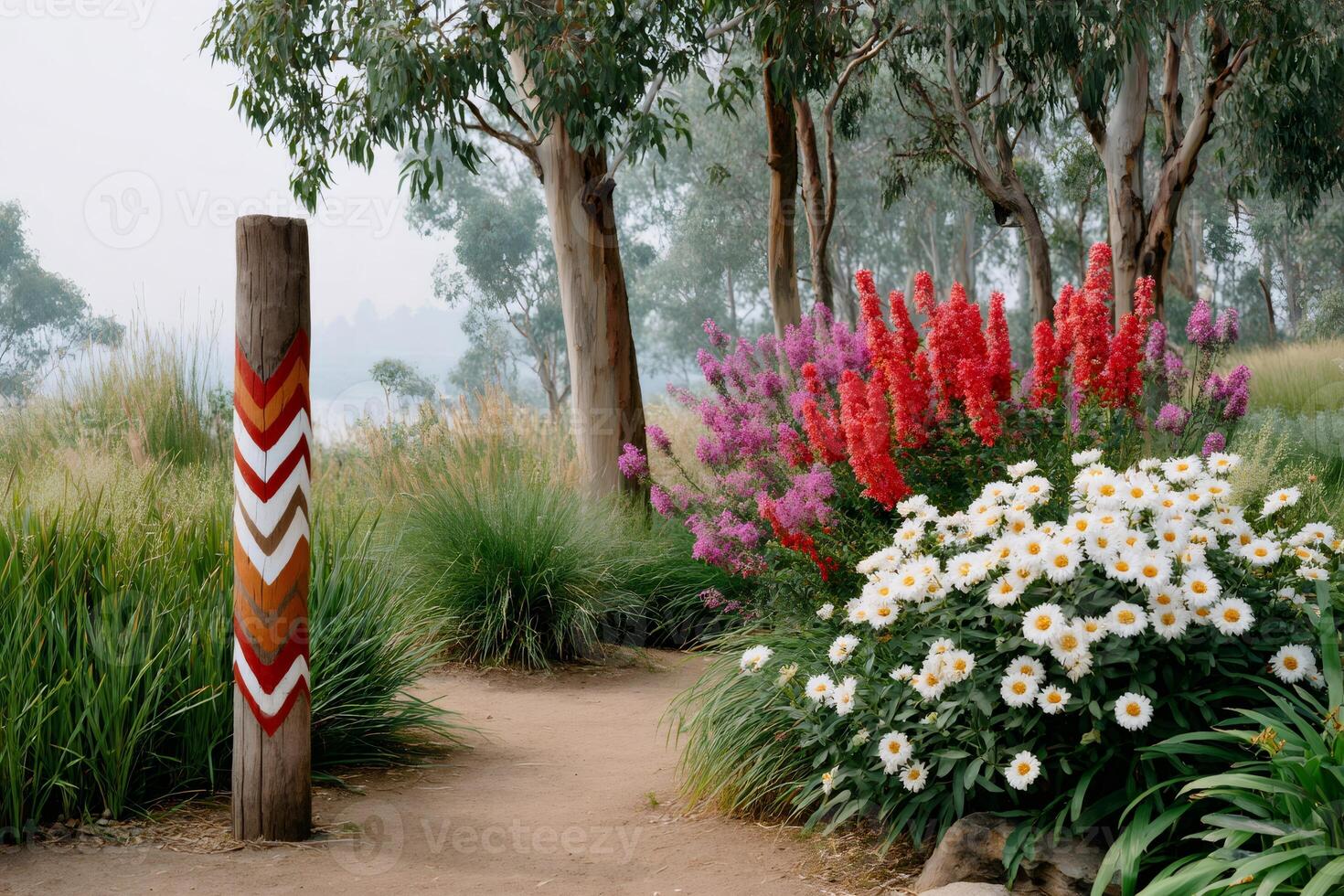 Aboriginal painted post marking a garden path with colorful flowers and eucalyptus trees photo
