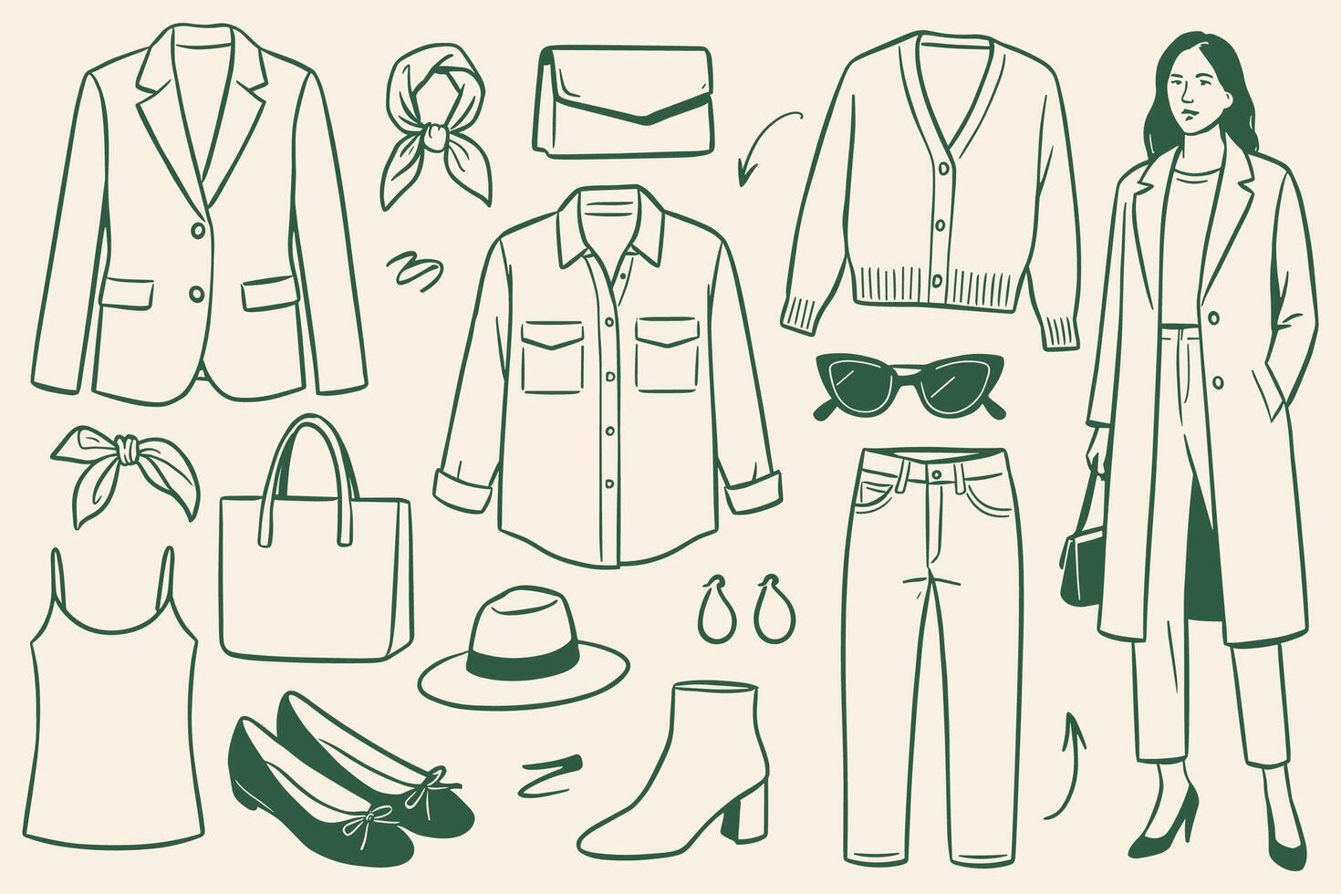 Fashionable women's clothing and accessories collection in linear style sketch drawing showcase a vector