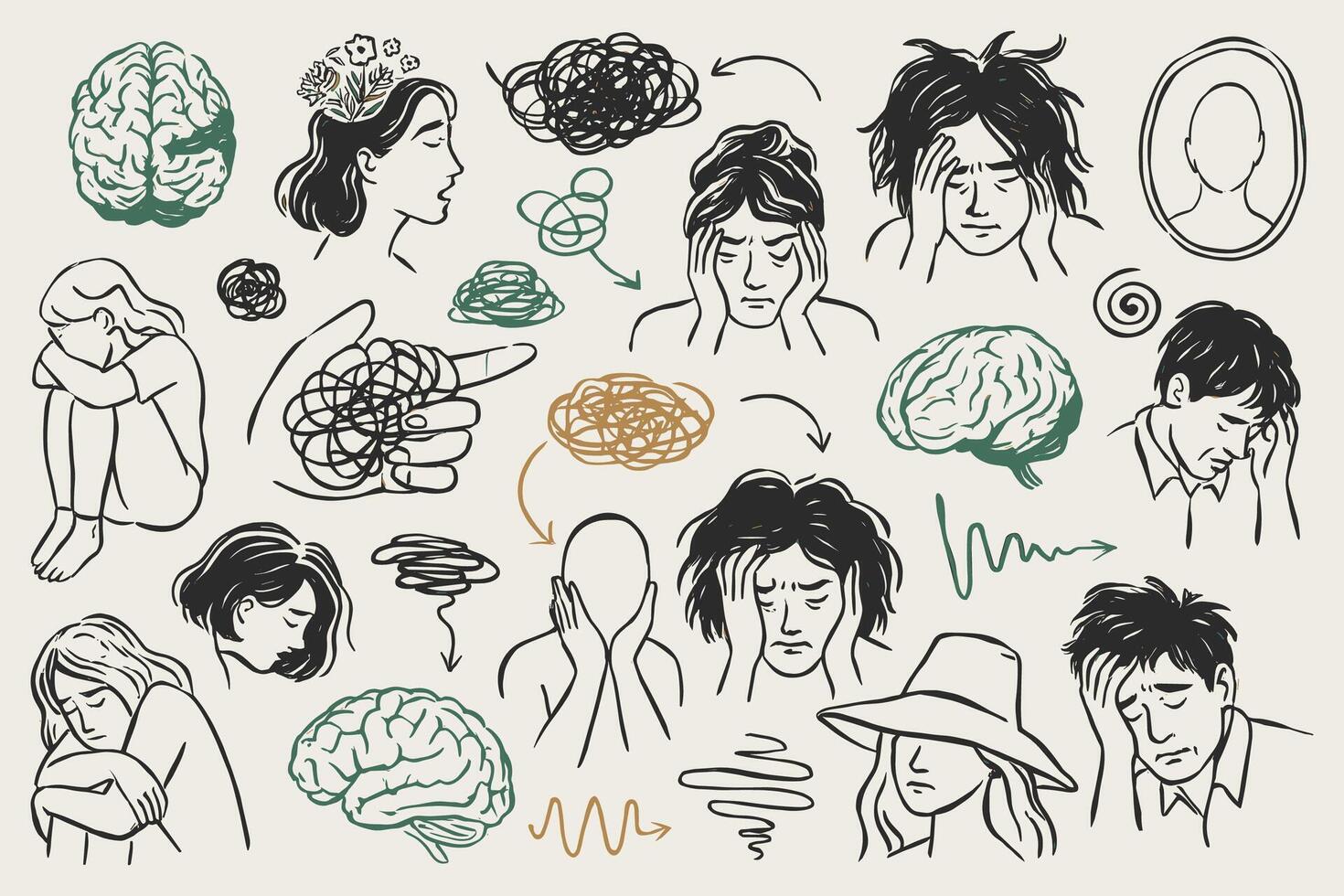 Mental health concept drawing with sad people brains and tangled thoughts vector