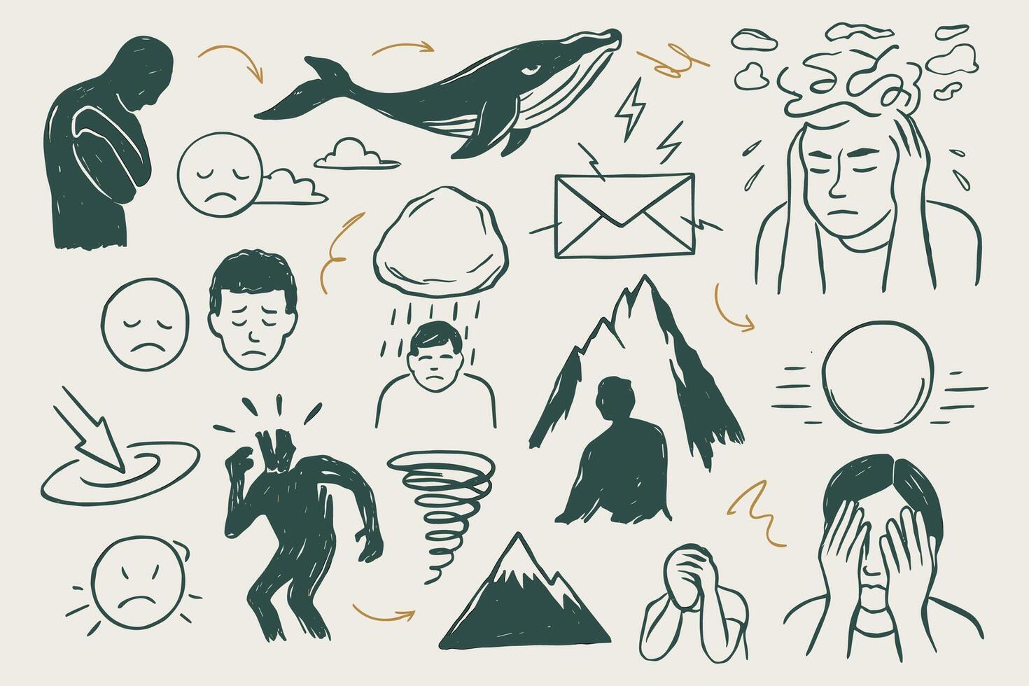 Doodle Illustration Depicting Mental Health Challenges and Emotional Distress with Drawings Sketches vector