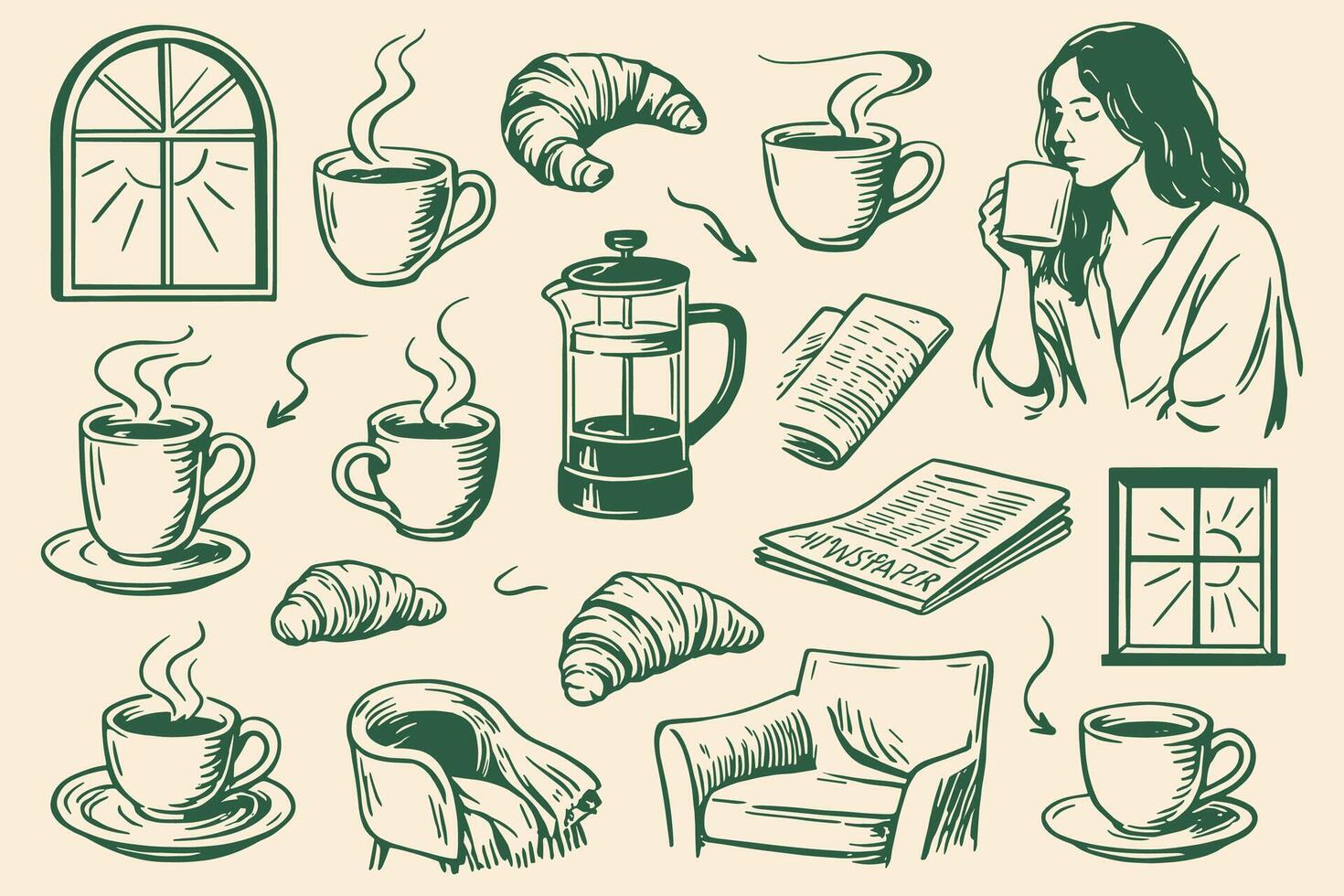 Cozy Morning Rituals Hand Drawn Illustration featuring Coffee Croissants and Newspaper Relaxing vector