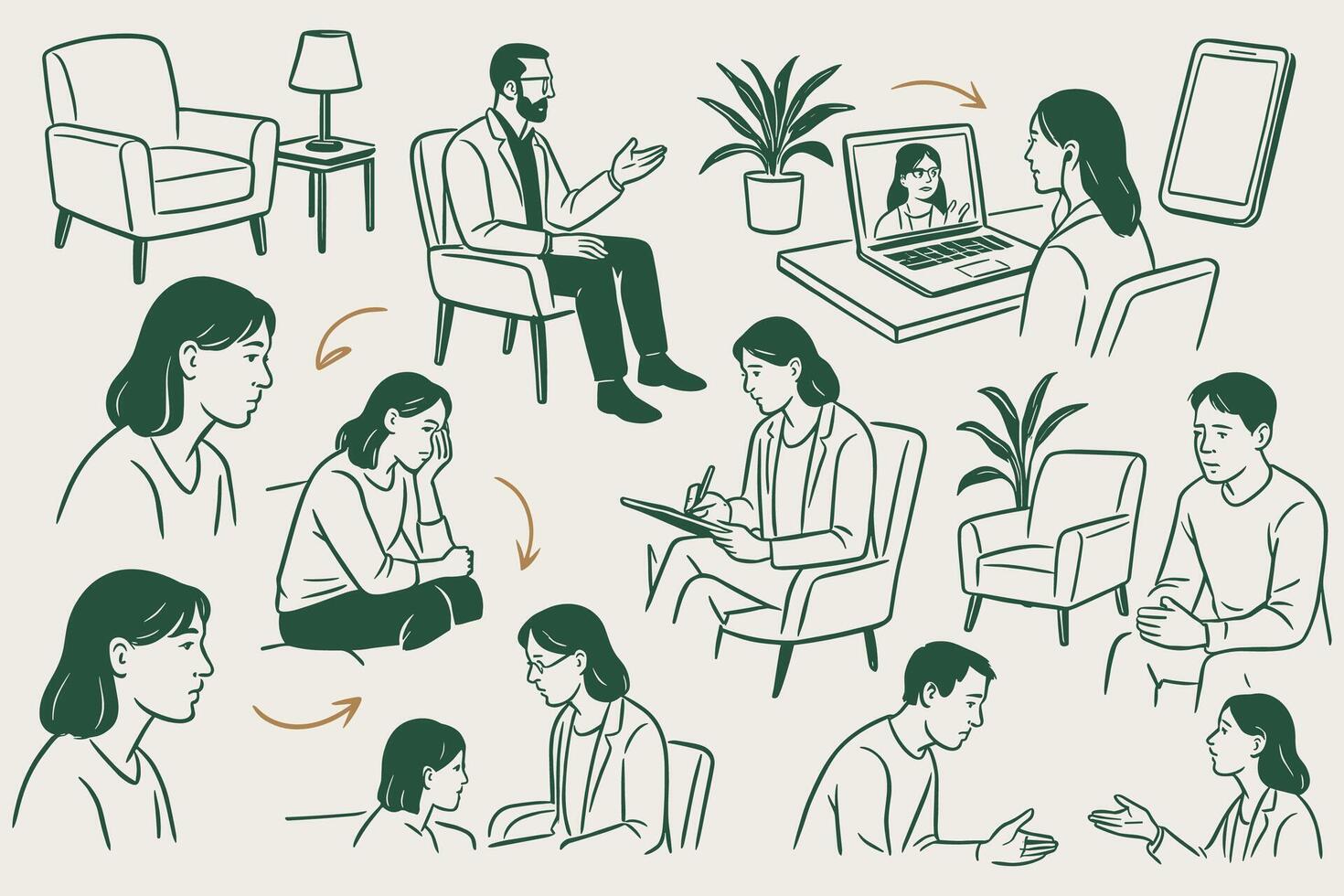 Mental wellbeing and therapy illustration with doctor and patients sessions concept vector