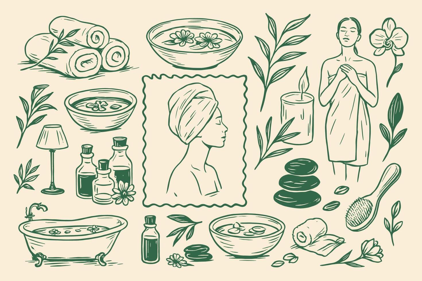 Wellness Retreat Illustrated Spa Elements Serene Beauty Rituals and Holistic Healing Composition vector