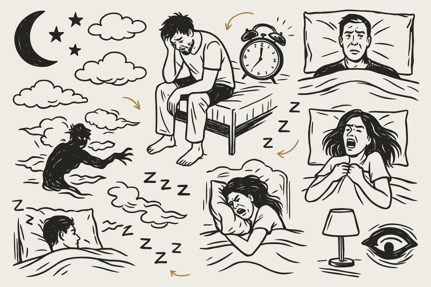 Disturbed slumber insomnia sleeplessness illustration featuring various sleeping and wakeful vector