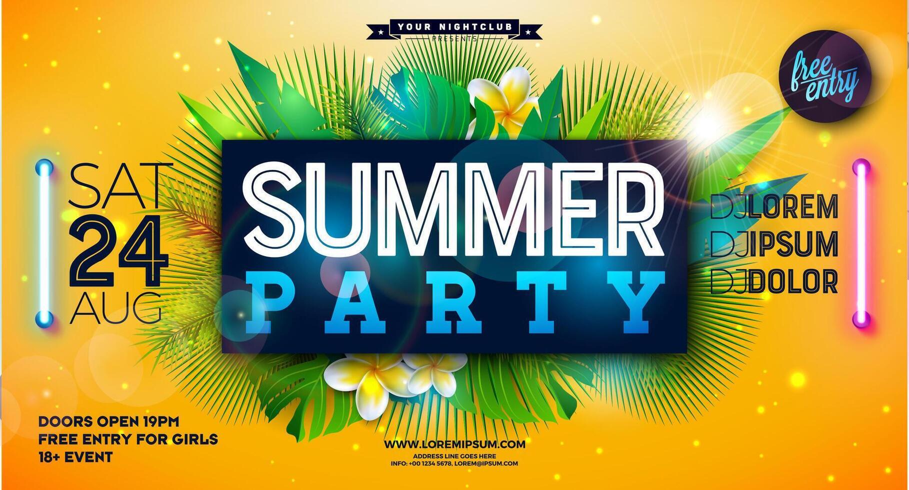 Summer Party Banner Design Template with Glowing Neon Light on Fluorescent Tropic Leaves Background. Summer Celebration Holiday Illustration for Flyer, Invitation or Celebration Poster. vector