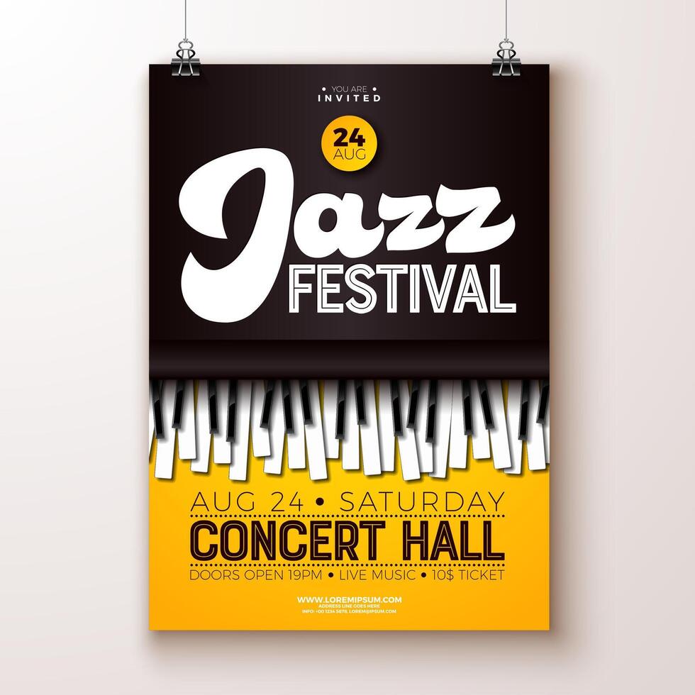 Jazz Festival Event Flyer Design with Piano Keyboard and Typography Lettering on Yellow Background. Musical Season Holiday Poster Illustration Template for Web Banner, Celebration Flyer vector