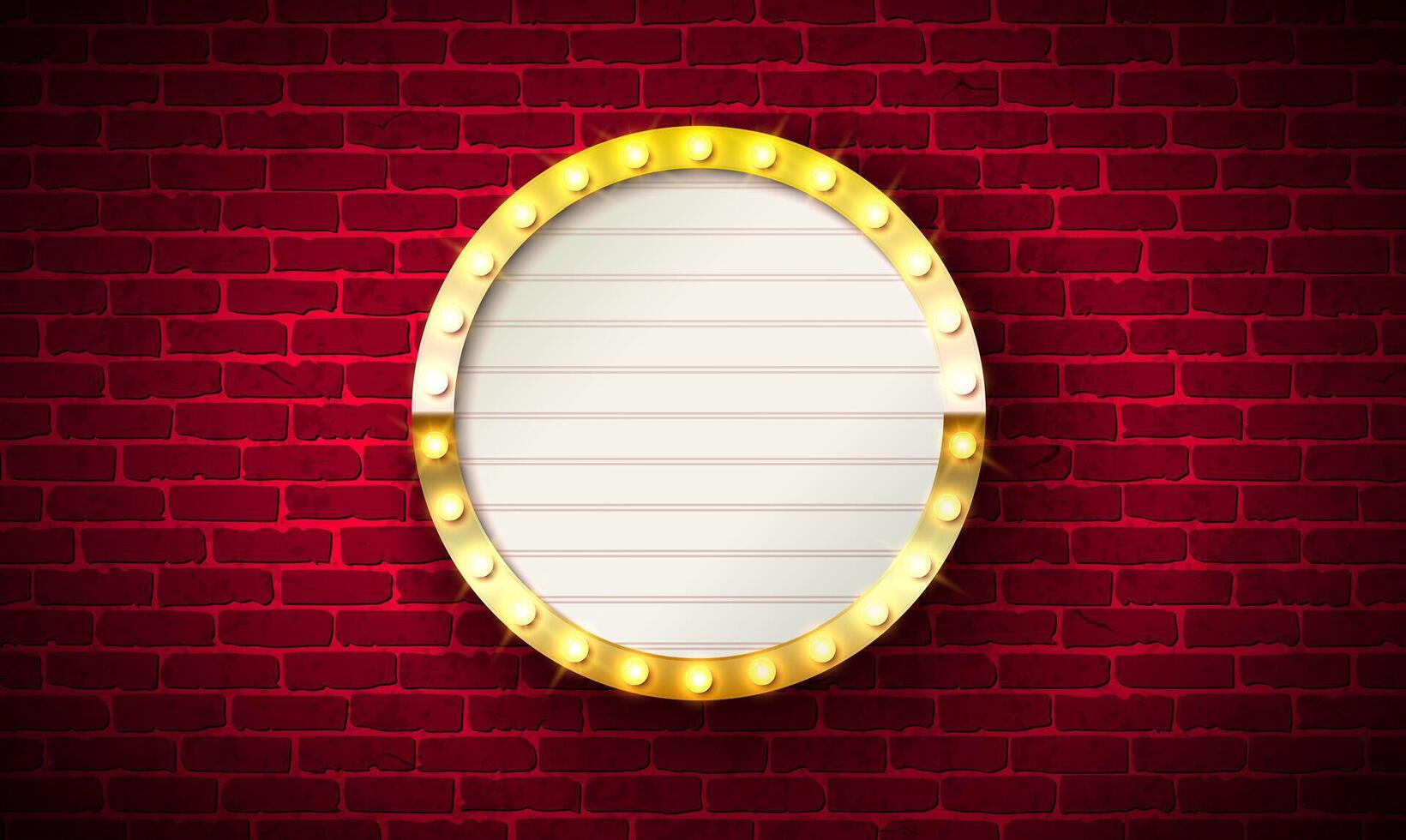 Retro Lightbox Banner Design with Glowing Light Bulb Frame Signboard Billboard on Vintage Brick Wall Background. Customizable Marquee Sign Illustration for Casino Advertising, Theater Show vector