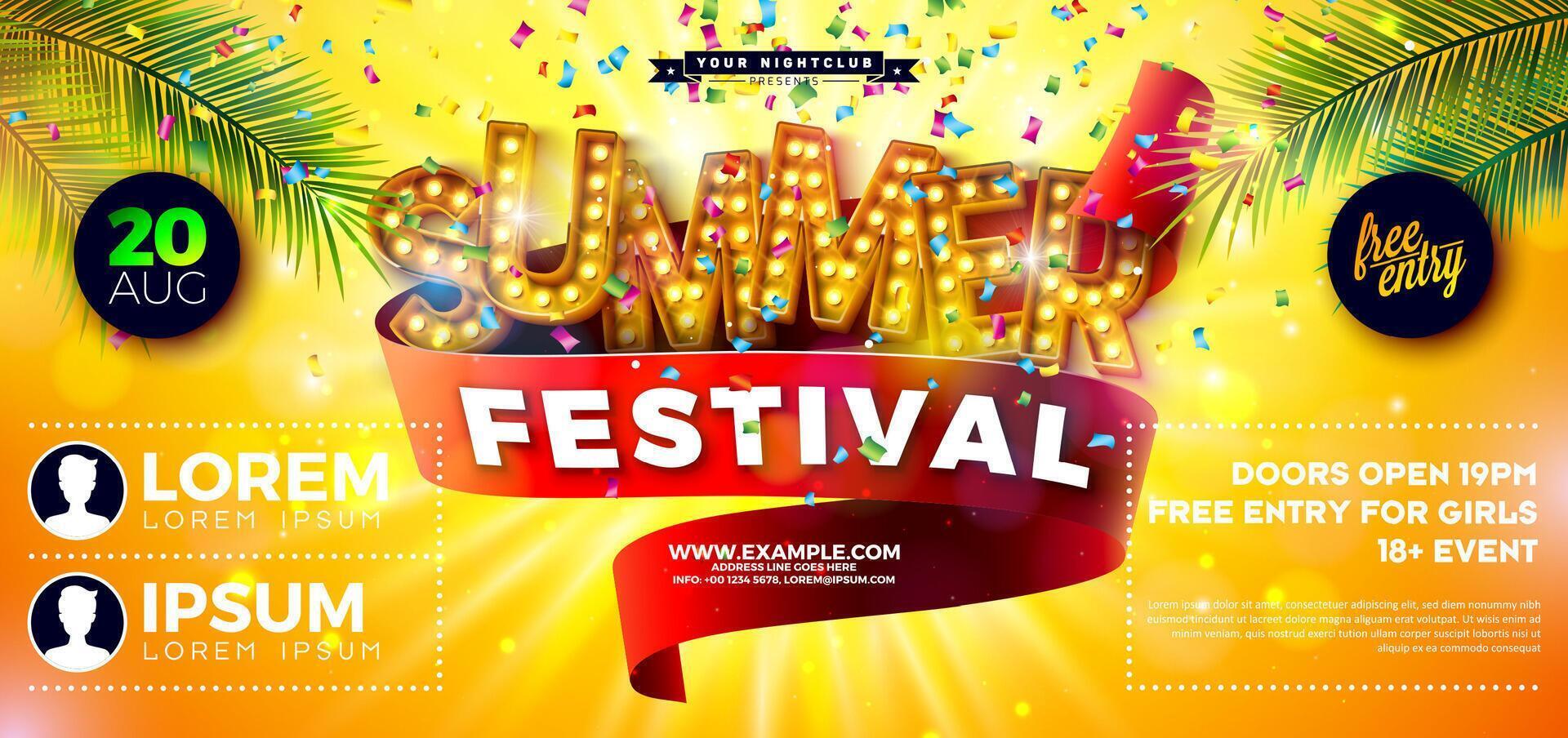 Summer Festival Party Flyer Design with Light Bulb Billboard Typography Lettering and Tropical Palm Leaves on Falling Confetti Background. Summer Holiday Music and Dance Celebration vector