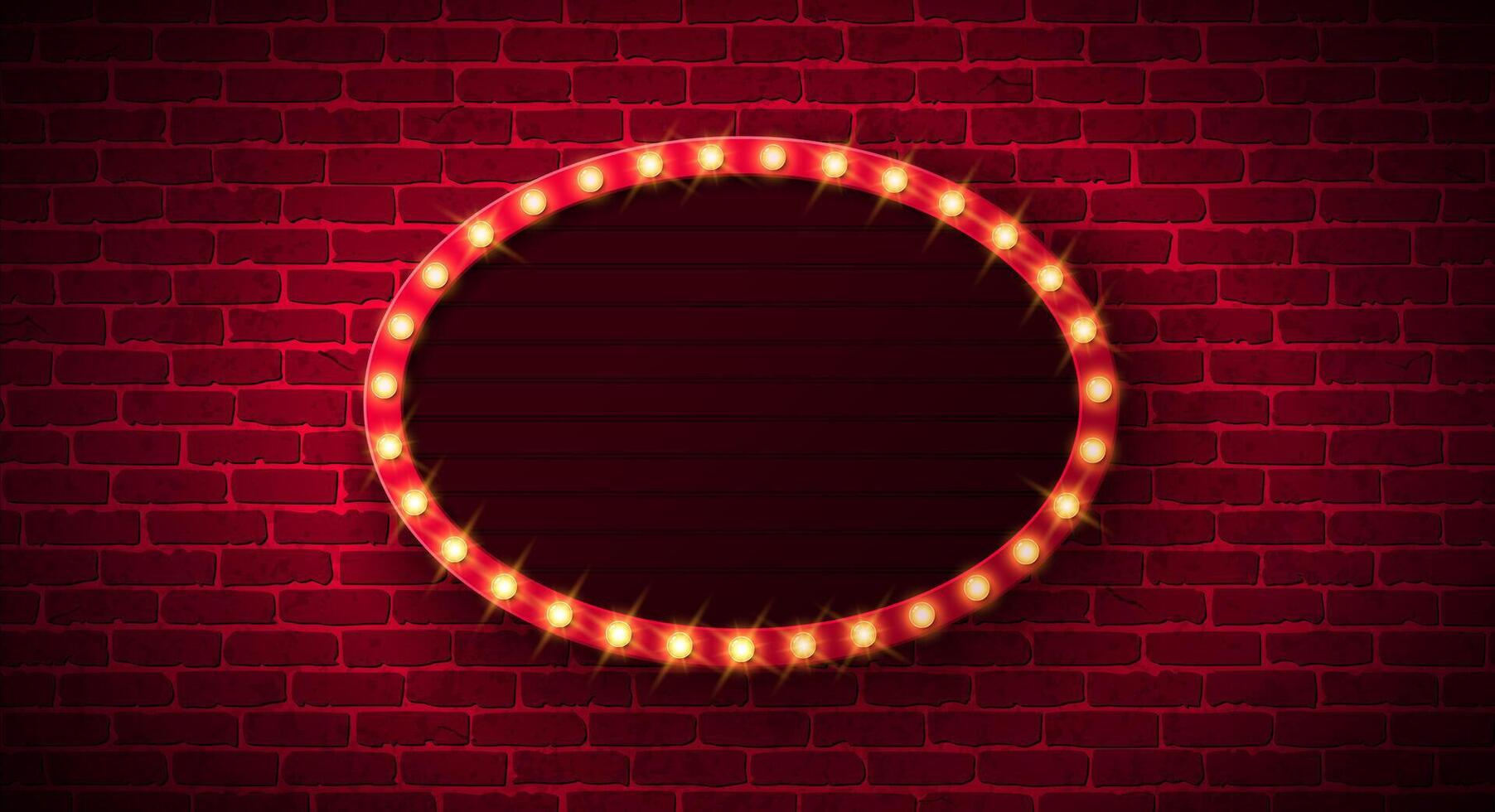 Retro Signboard Lightbox Banner Design with Glowing Light Bulb Frame Billboard on Vintage Brick Wall Background. Customizable Marquee Sign Illustration for Casino Advertising, Theater Show vector