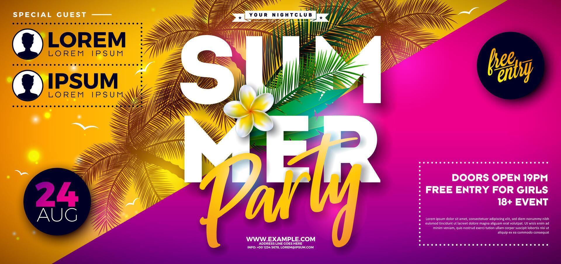 Summer Beach Party Banner Design with Flower and Tropical Palm Leaves on Abstract Yellow and Pink Background. Summer Holiday Illustration with Typography Lettering for Banner, Flyer, Invitation vector