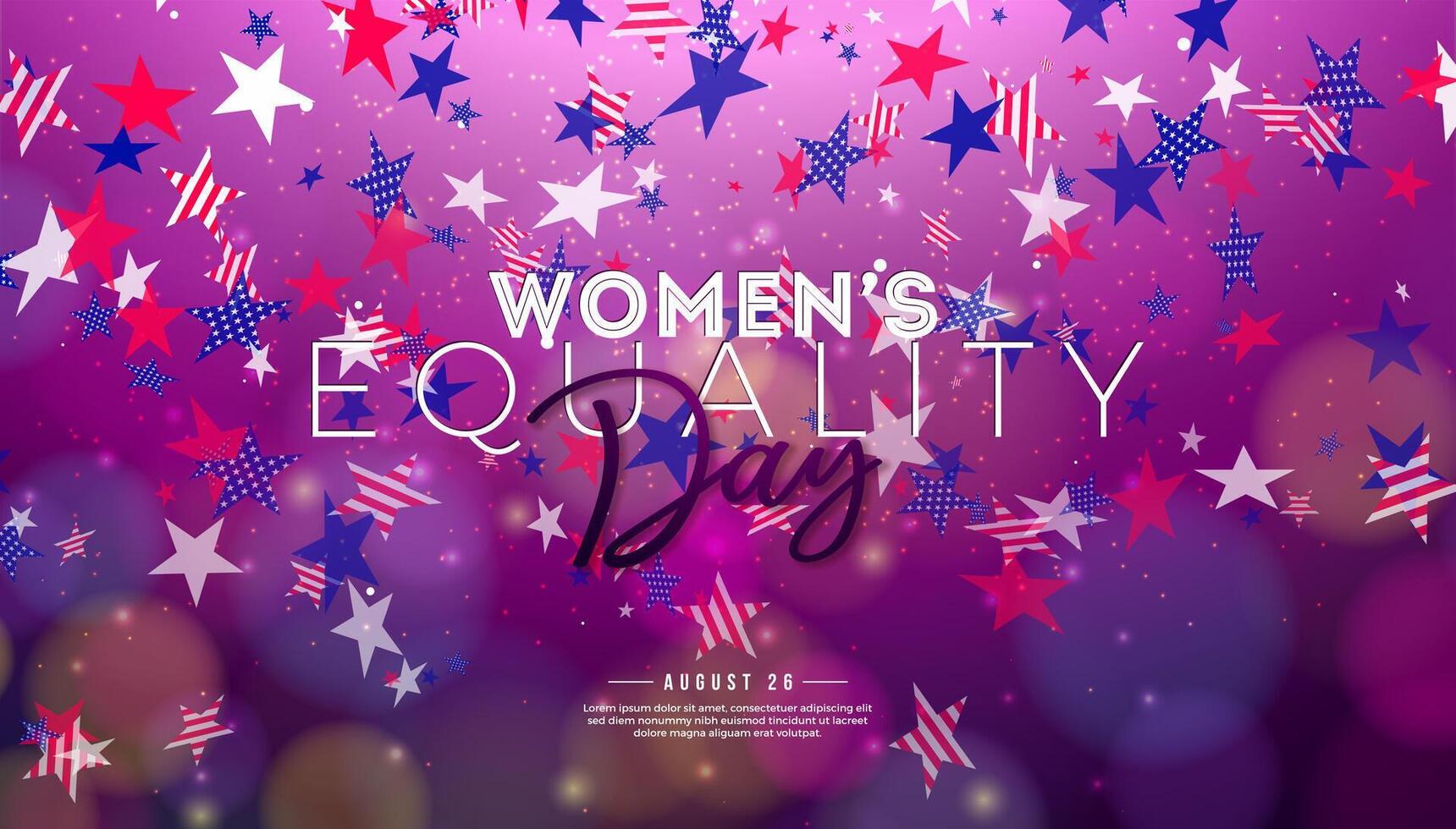 Women's Equality Day Banner Design with Typography Lettering and American Flag Color Stars on Shiny Pink Background. August 26 National Feminine Holiday in United States. USA Celebration Template for vector