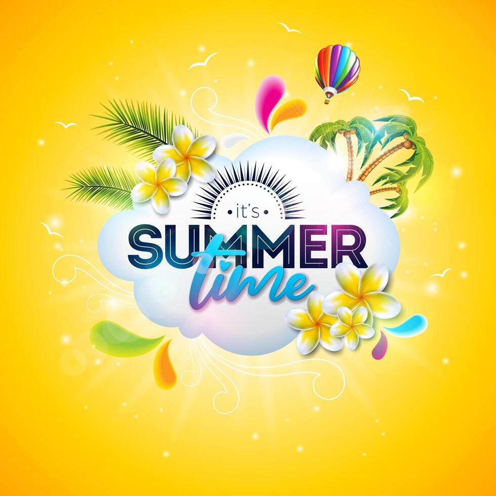 Summer Time Holiday Banner Design with Flower, Cloud and Text Label on Sun Yellow Background. Tropical Vacation Illustration with Colorful Beach Elements, Air Balloon and Palm Leaves for Flyer vector