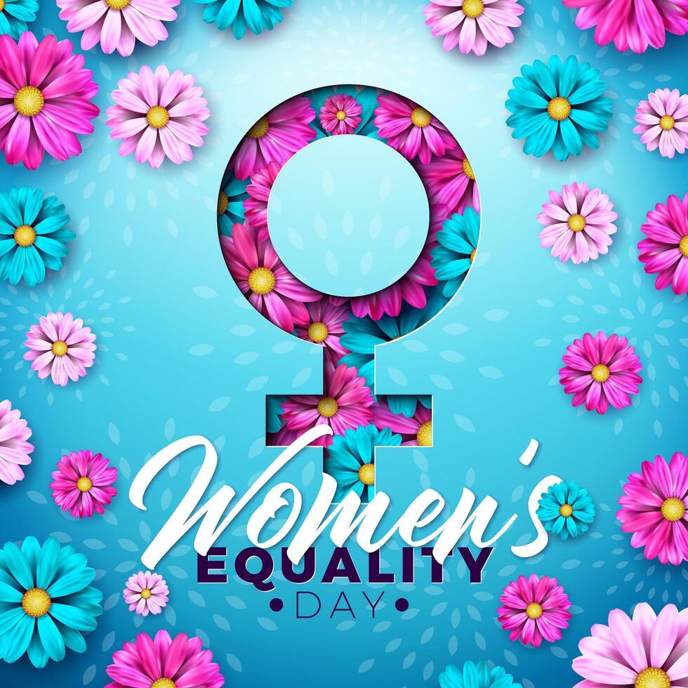 Women's Equality Day Banner Design with Colorful Flower in Femine Symbol and Typography Lettering on Blue Background. August 26 National Feminine Holiday in United States. USA Celebration Template for vector