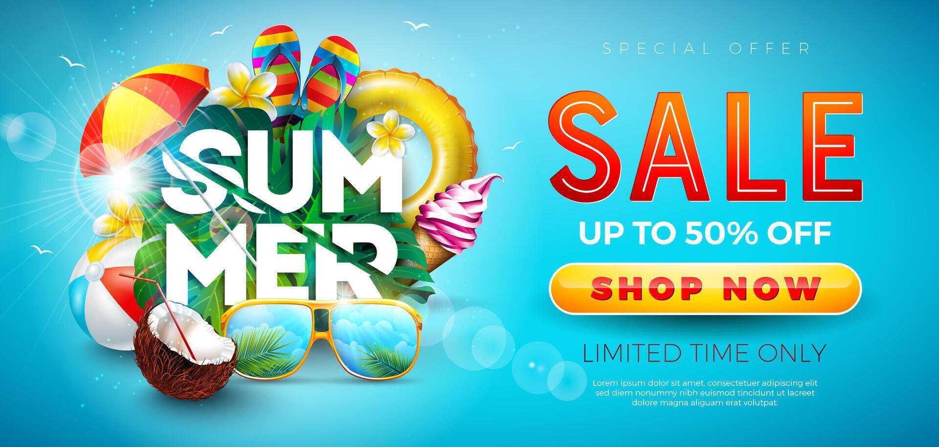 Summer sale with beach and sunglasses vector