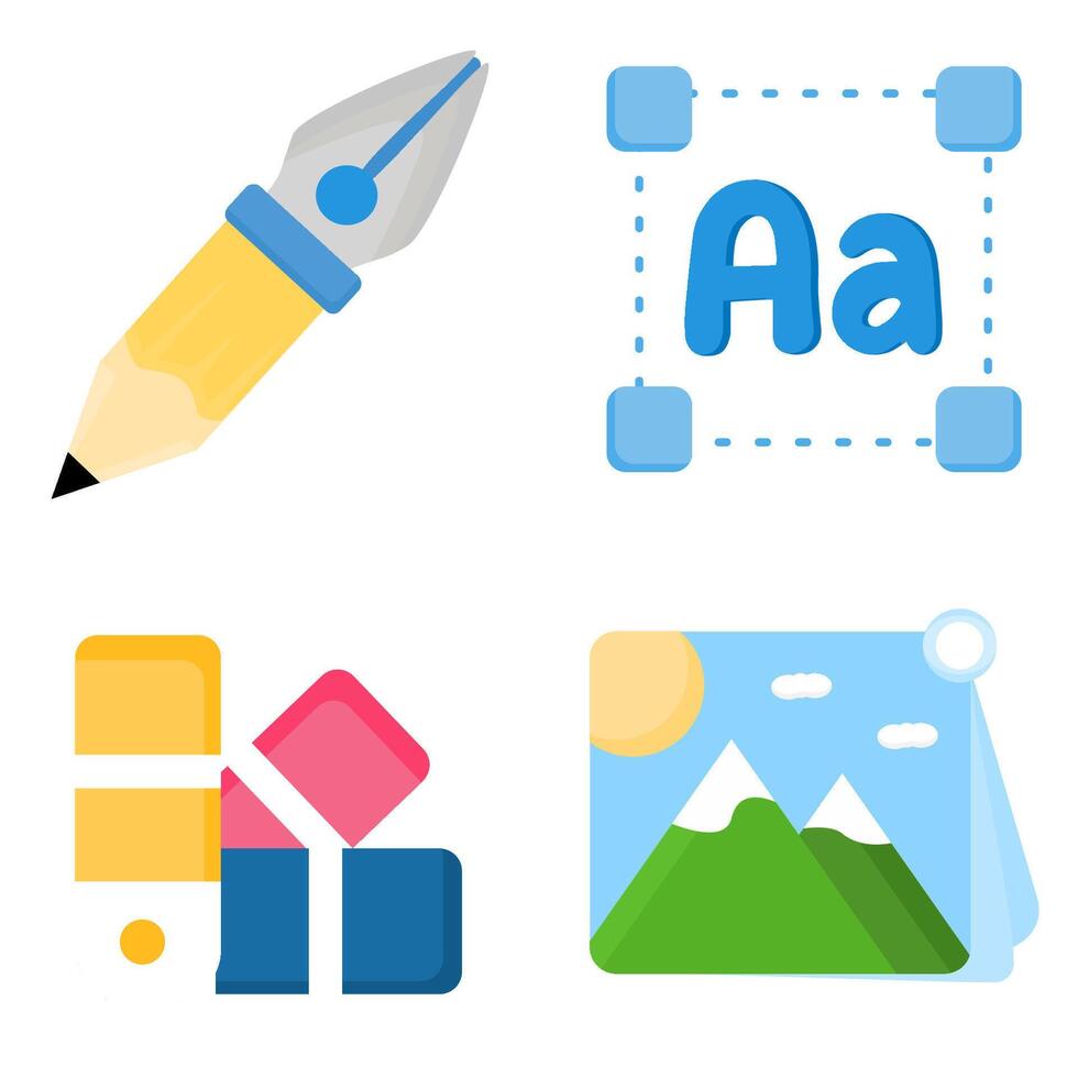 Flat Style Graphic Design Icon Set. Includes Pencil, Typography, Color Palette, and Thumbnail. Perfect for Educational Apps, and Creative Presentations vector