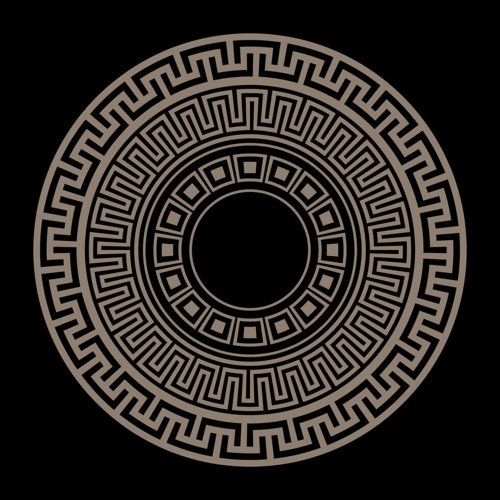 Greek key meanders. Geometric gold circle ornament. Greek round pattern. Greek round ornament in gold color. Pattern. Typical egyptian, assyrian and greek motives vector