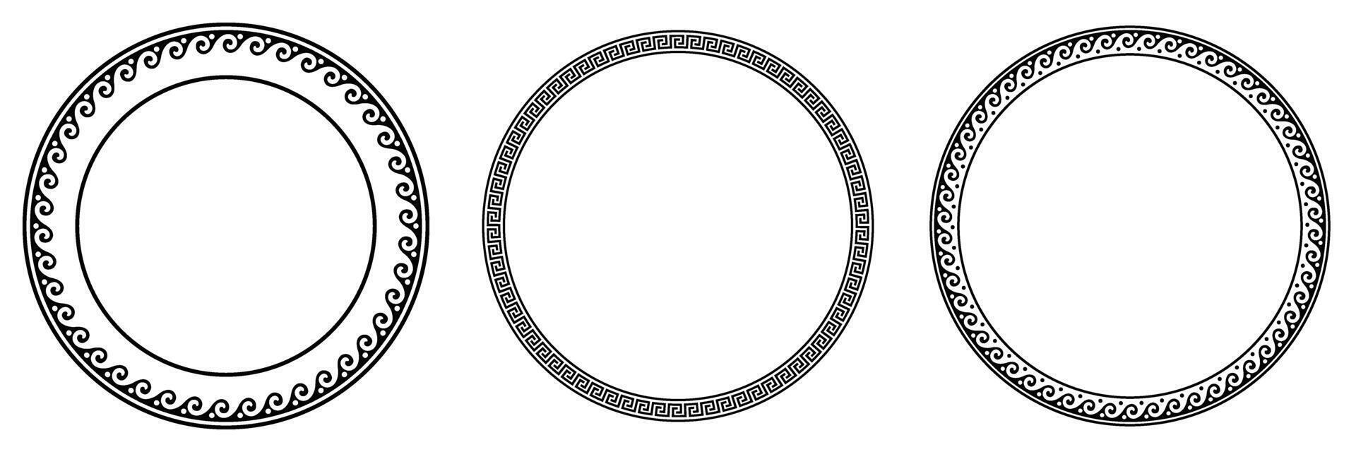 Collection of decorative black round frames for design with Greek key, wave meander. Circle frame. Egyptian, Assyrian, Greek motif circular frame. Template for textiles, engraving, embroidery vector