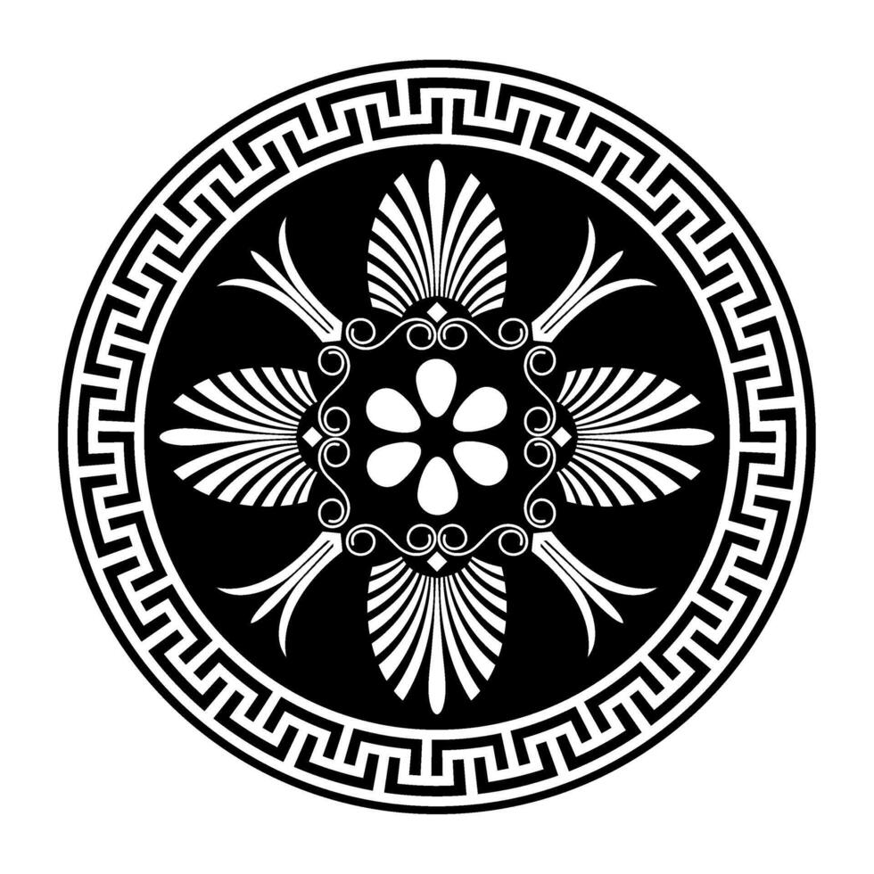 Greek round ornament. Black and white pattern on a white background. Greek pattern. Patterns of Greece and ancient Rome. Circle european border. Typical egyptian, assyrian, greek motives. For ceramics vector
