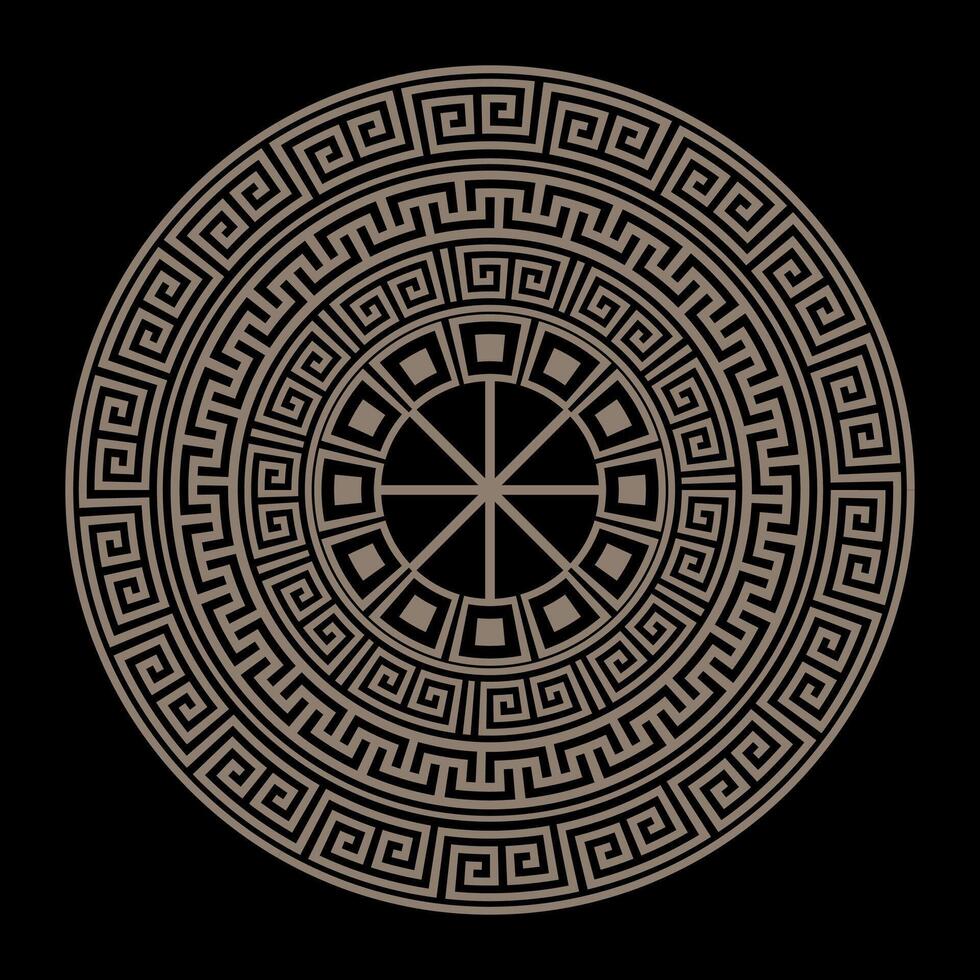 Round golden classic pattern frame plate. Greek round frame. Greek pattern. Greek meander. Patterns of Greece, ancient Rome. Circle european border. Typical egyptian, assyrian, greek motives vector