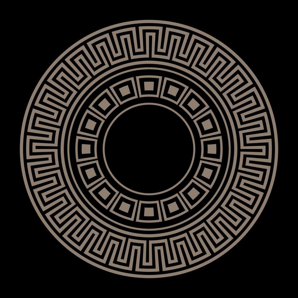 Greek gold round ornament. Golden on black background. Greek pattern. Patterns of Greece and ancient Rome. Circle european border. Typical egyptian, assyrian, greek motives. For ceramic, textile vector
