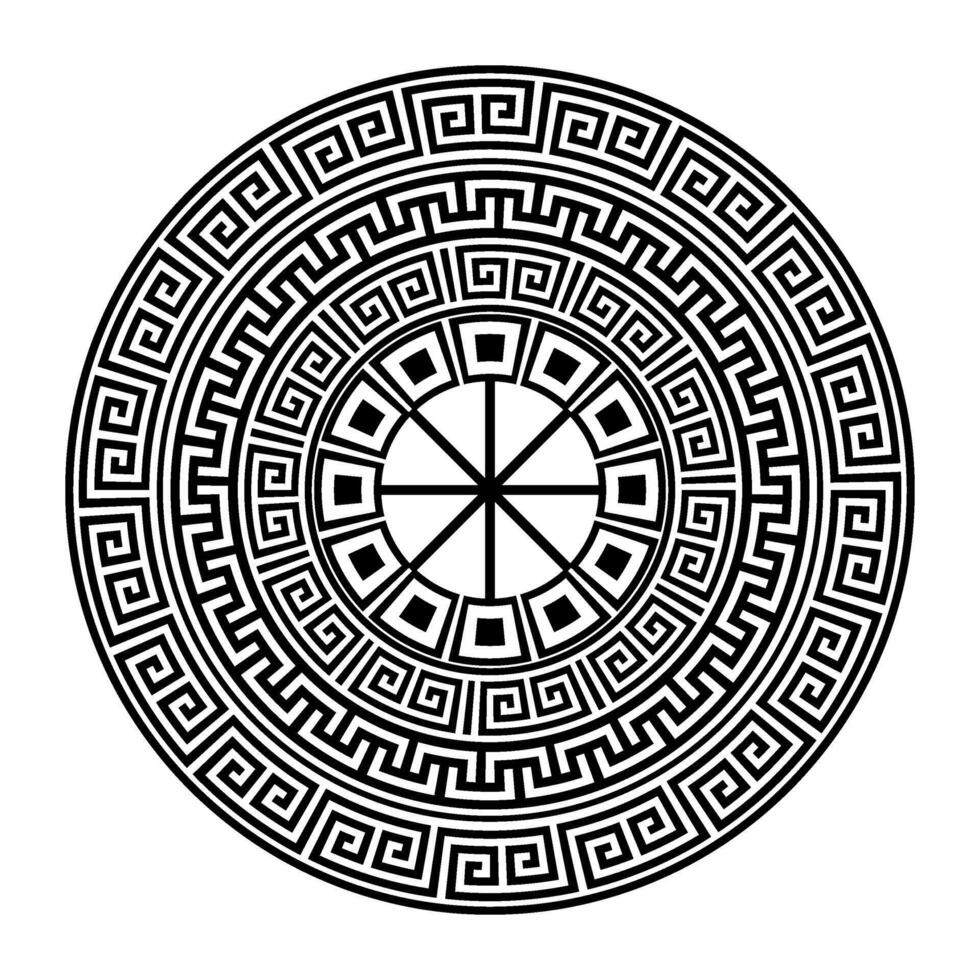 Round monochrome classic pattern frame plate. Greek round frame. Greek pattern. Greek meander. Patterns of Greece, ancient Rome. Circle european border. Typical egyptian, assyrian, greek motives vector
