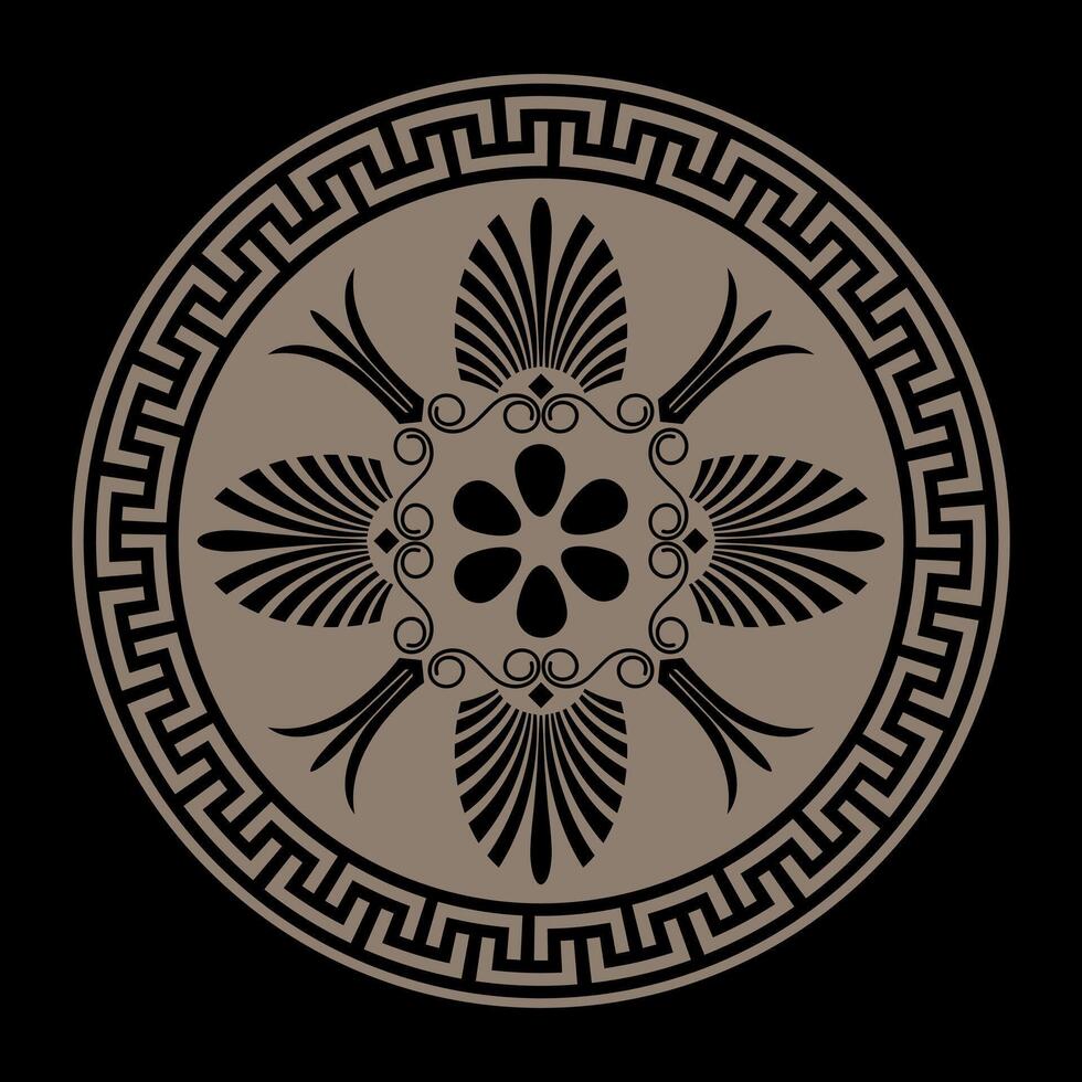 Greek gold round ornament on a black background plate with pattern in center. Pattern of Greece, ancient Rome. Geometric element for design, for textile, embroidery, porcelain, engraving, ceramics. vector