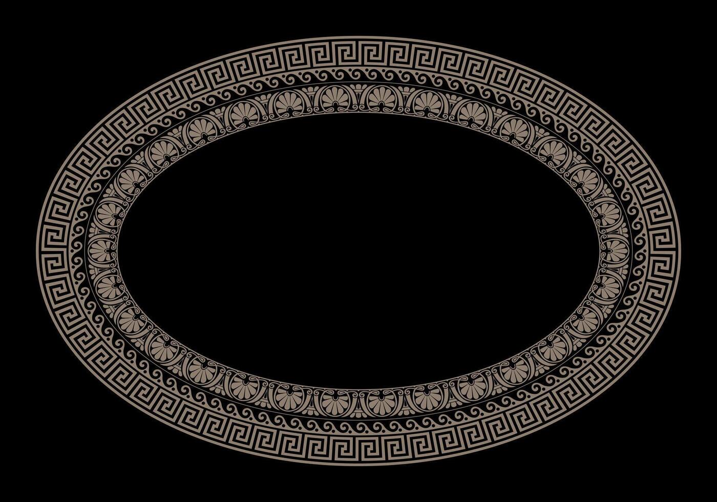 Gold oval frame with Greek ornament. Classic Greek key, wave, floral meanders. Patterns of Greece, ancient Rome. Greek key meanders. Round greek frame. Circle european border. Vitruvian wave. vector