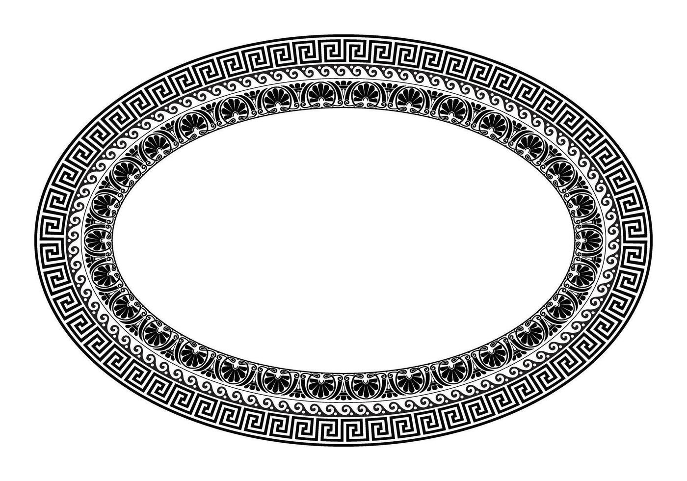 Black and white decorative oval frame with Greek ornament. Classic Greek key, wave, floral meanders. Patterns of Greece, ancient Rome. Greek key meanders. Round greek frame. Circle european border. vector