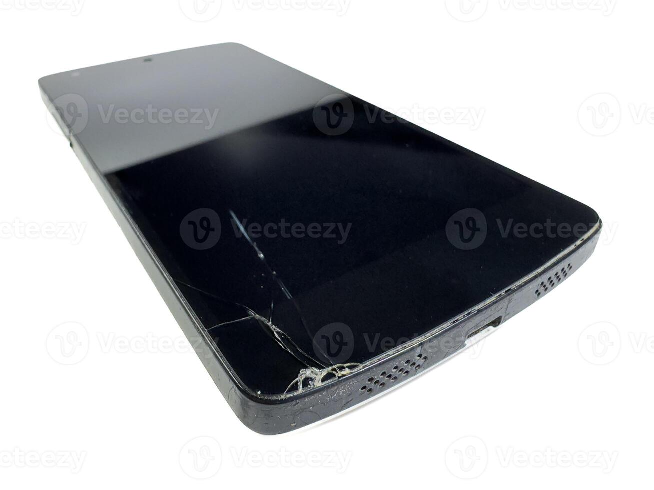 Broken black mobile screen isolated on white background. Copy space. photo
