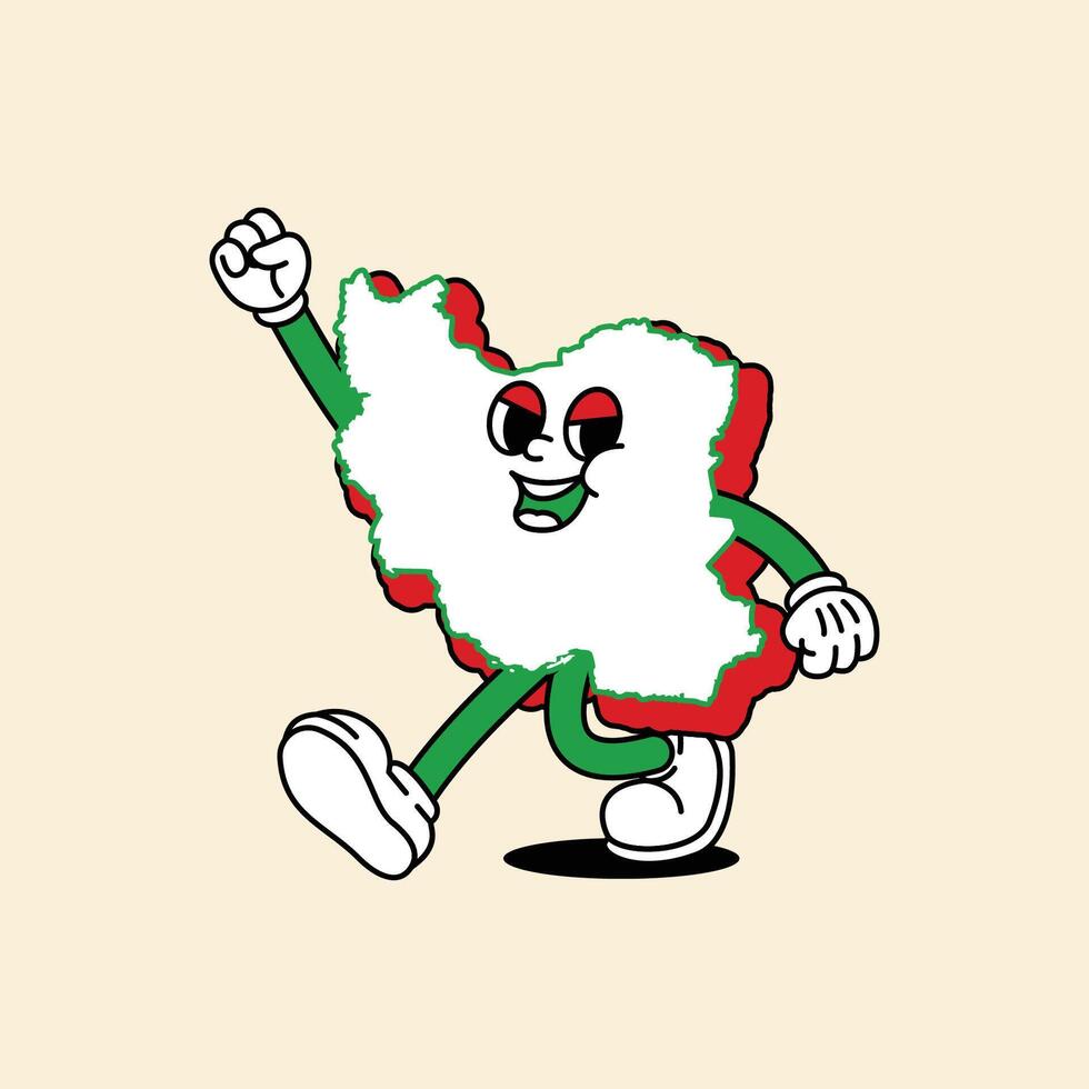 Cheerful Iran Maps character. Walk happily while his hands clenched up. Iran Maps Retro vintage mascot character with gloved hand and foot, rubber hose cartoon style. vector