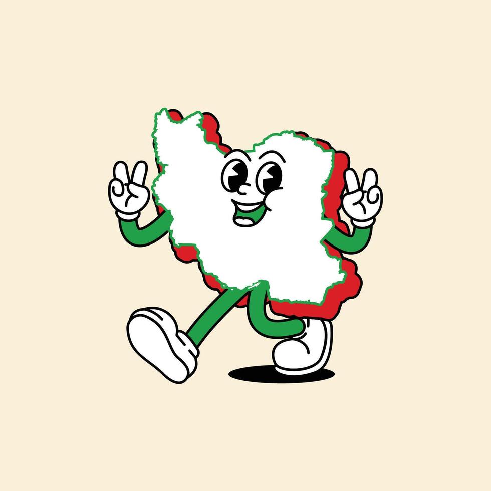 Cheerful Iran Maps character. Walking cheerfully and both hands brandish the Peace symbol. Iran Maps Retro vintage mascot character with gloved hand and foot, rubber hose cartoon style. vector