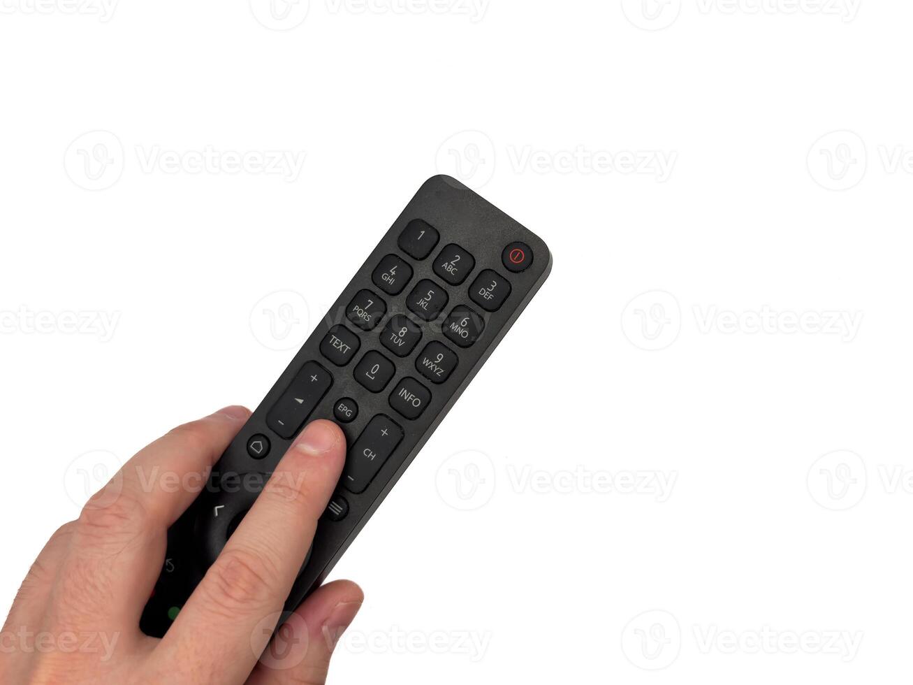 White male hand on white background presses buttons on TV remote control, man switches TV channels with remote control, for banners, for TV advertising. Copy space, flay lay photo