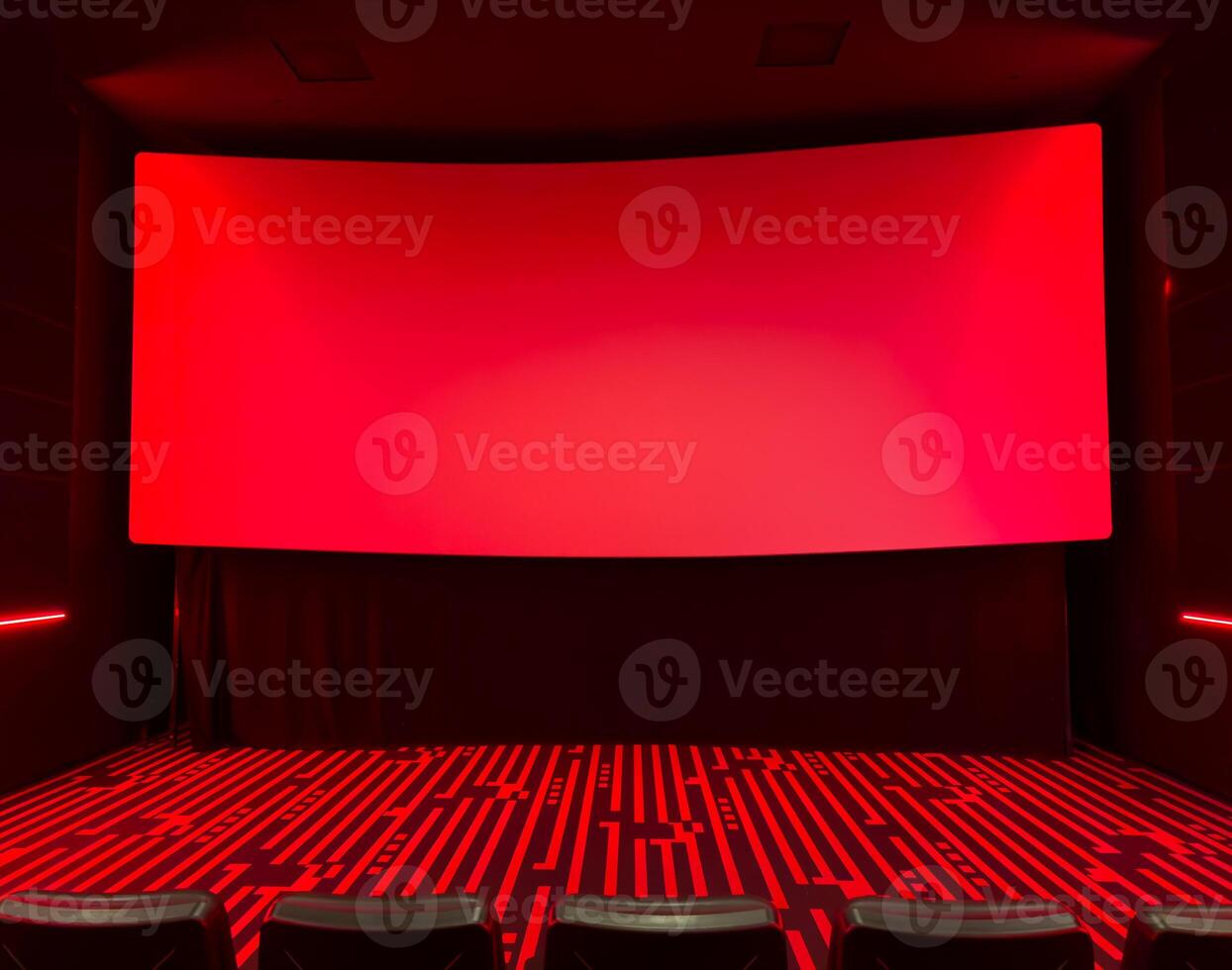 Empty cinema with red shades and red canvas for cinema, copy space. photo