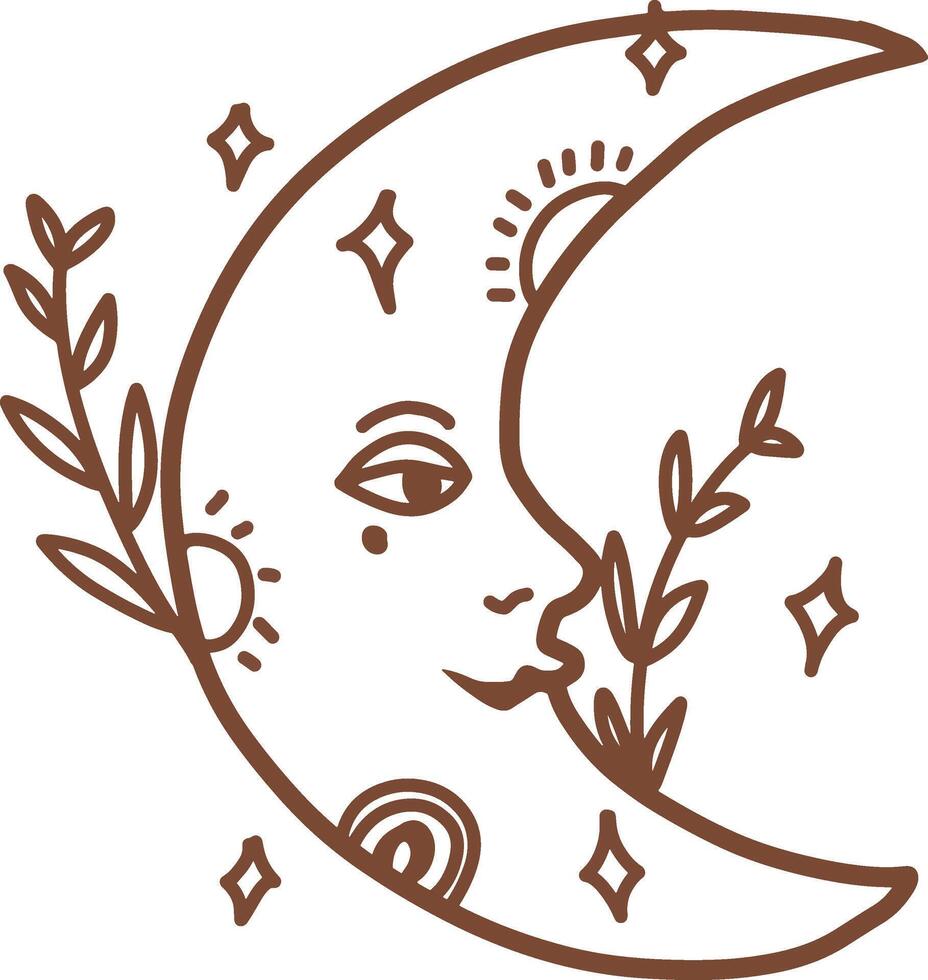 Crescent Moon with Face, Stars, Sun, and Floral Elements vector