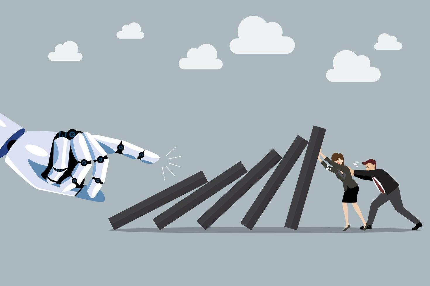 Business man and woman pushing hard against falling deck of domino tiles by robot hand vector