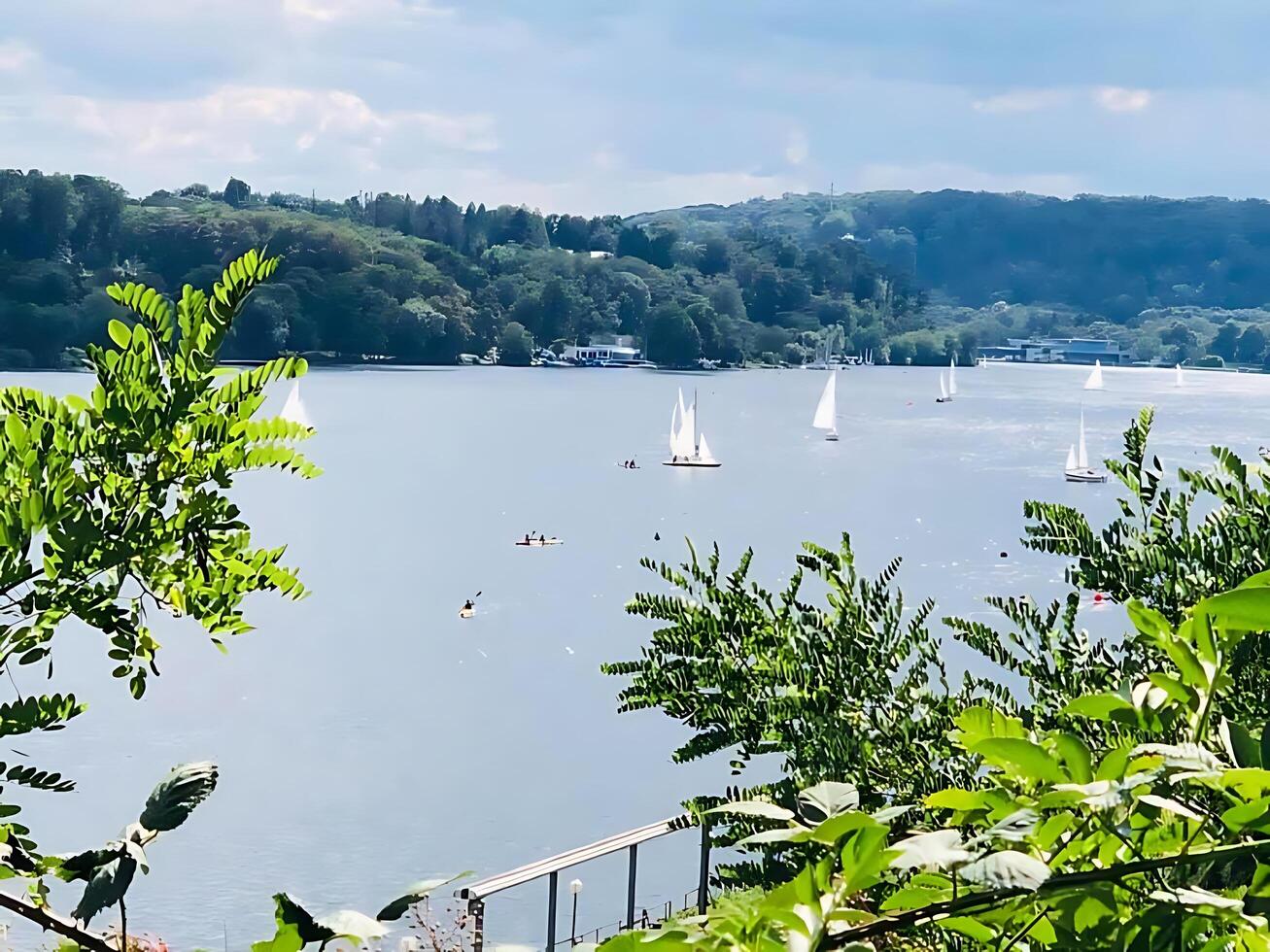 A view of boats on the water in a lake photo