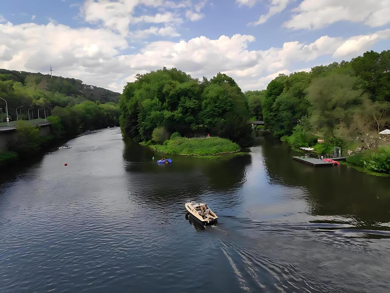 A boat is traveling down a river photo