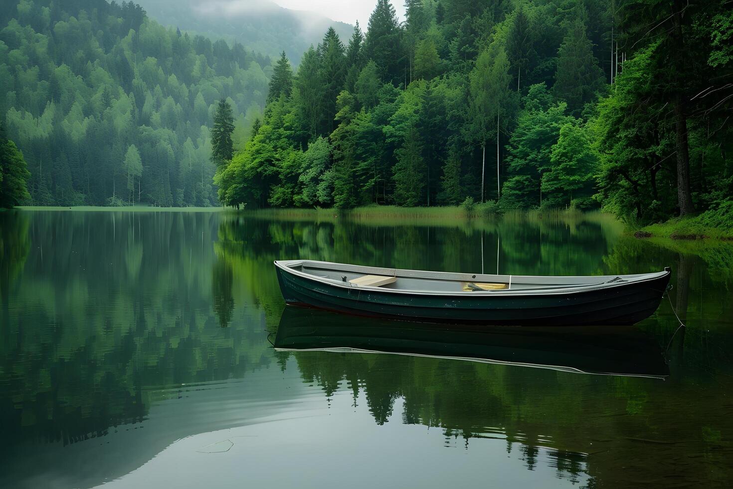 Boat floating on lake surrounded by forest. Summer photo