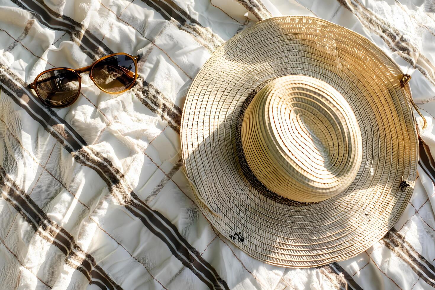 Straw hat and sunglasses on beach towel photo