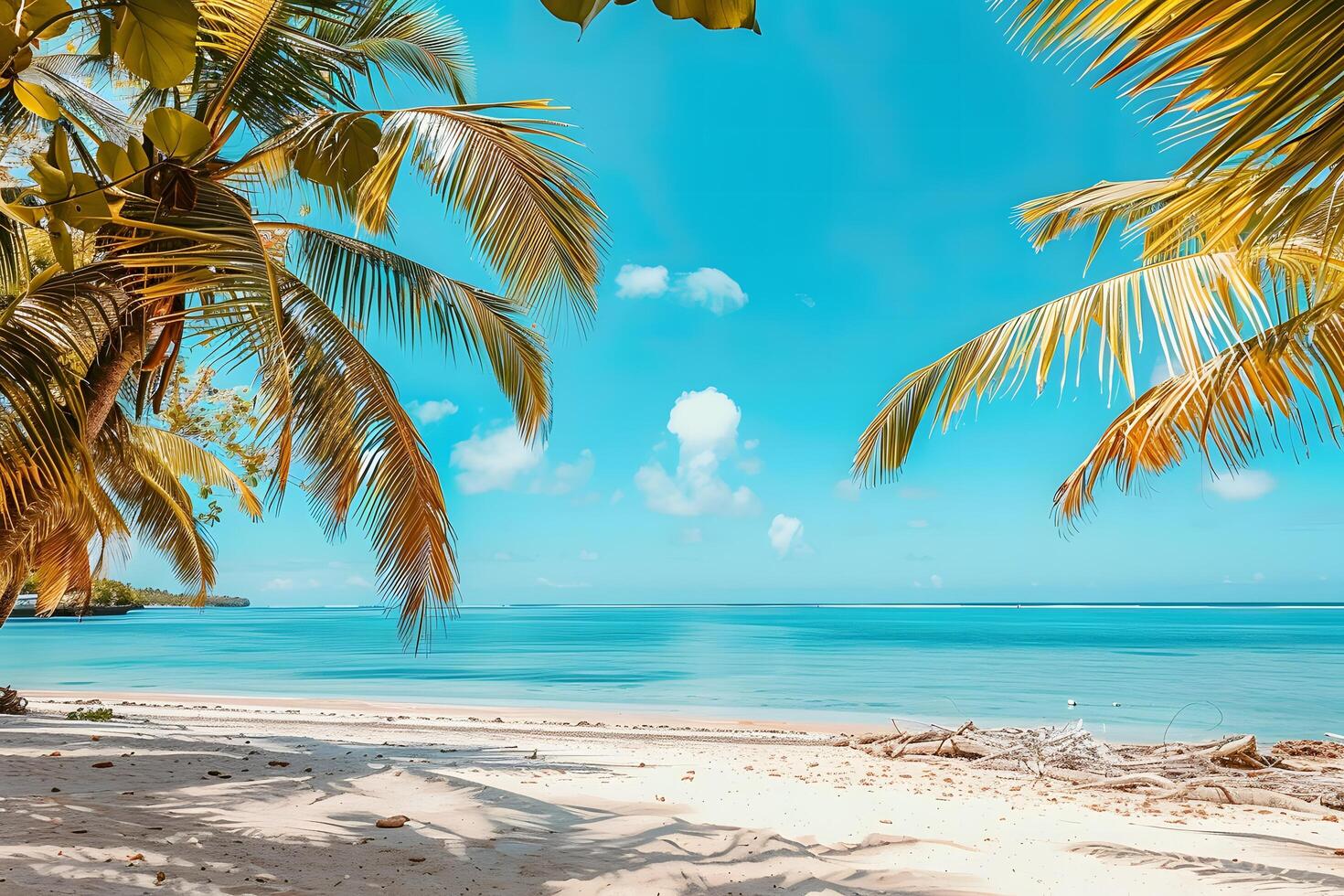 Sunny beach with clear blue sky palm tree photo