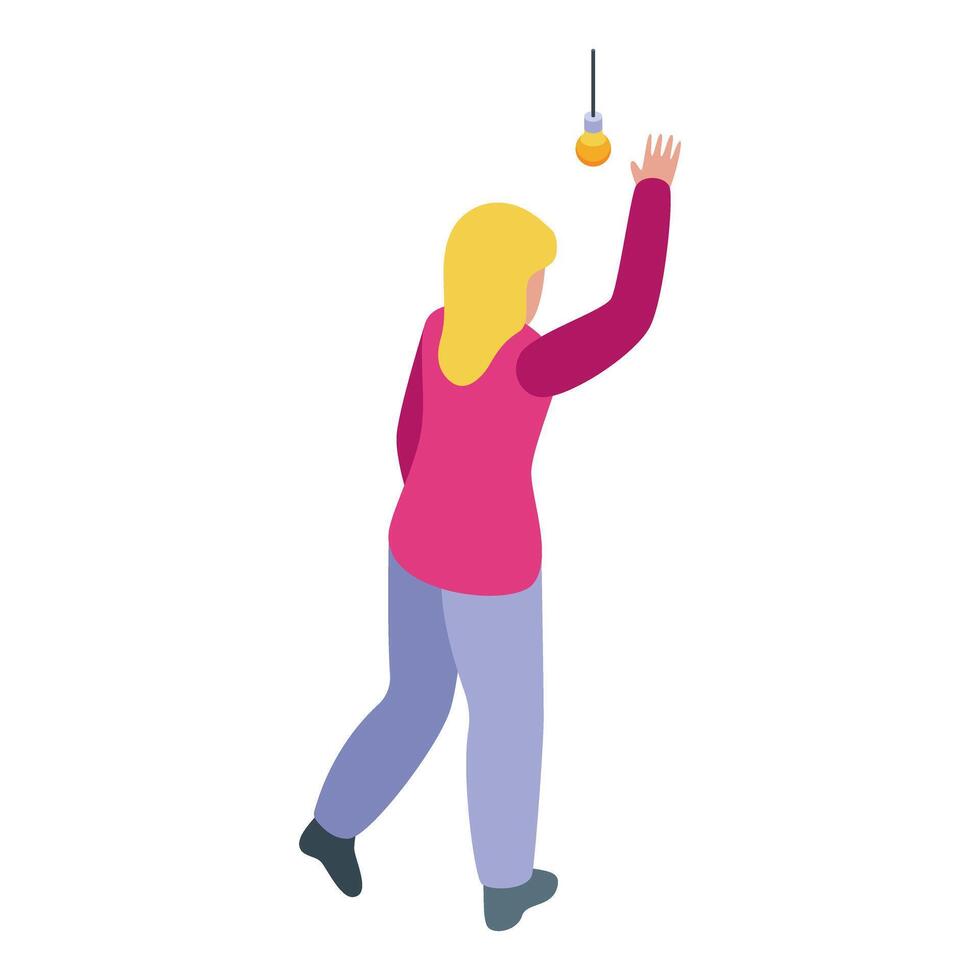 Woman reaching for hanging light bulb, changing lightbulb isometric icon vector