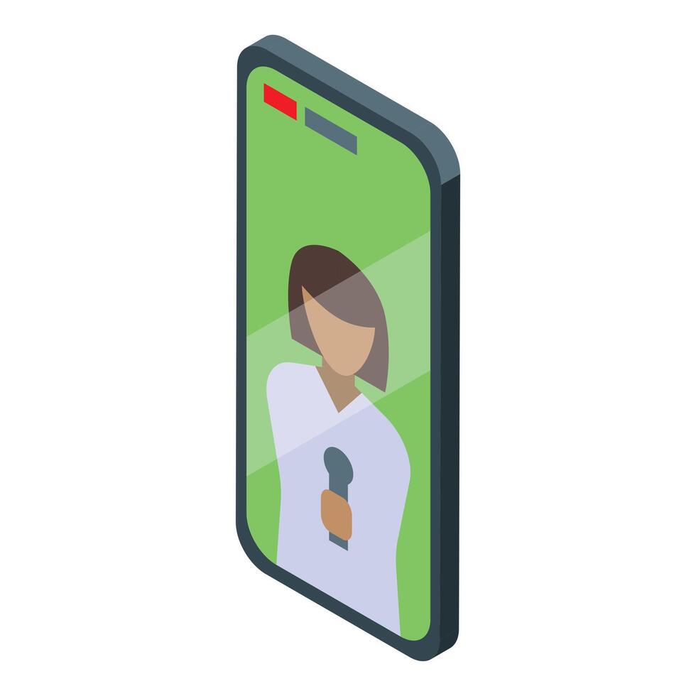 Journalist reporting live news holding microphone on smartphone screen with green background vector