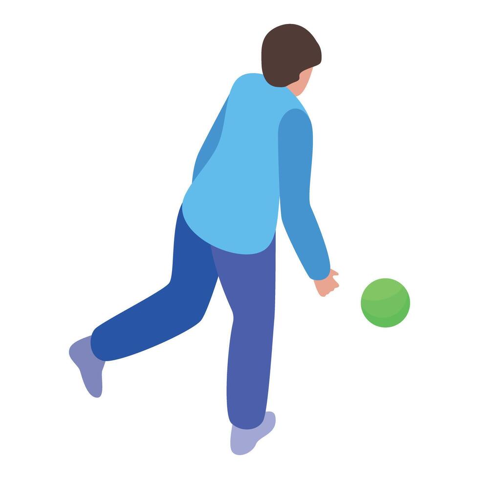 Boy playing bocce ball, throwing green ball on court vector