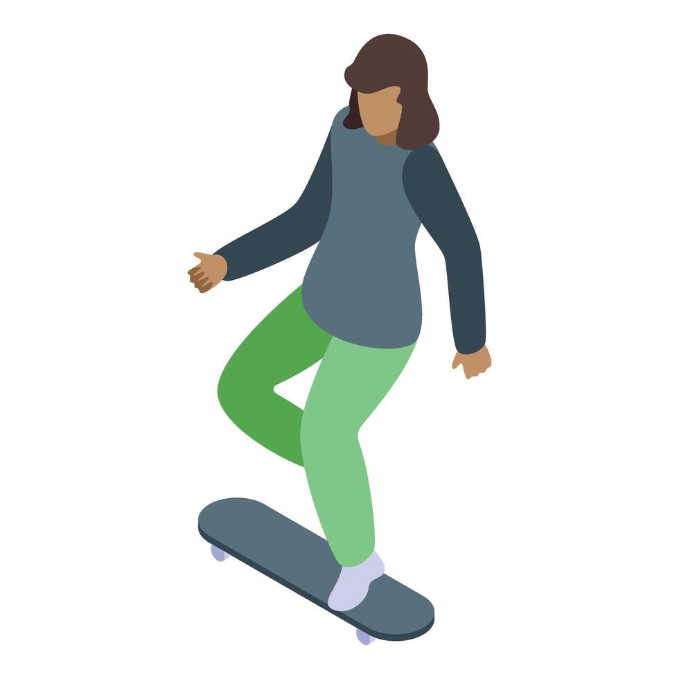 Young woman skateboarding, showcasing balance and skill in isometric perspective vector