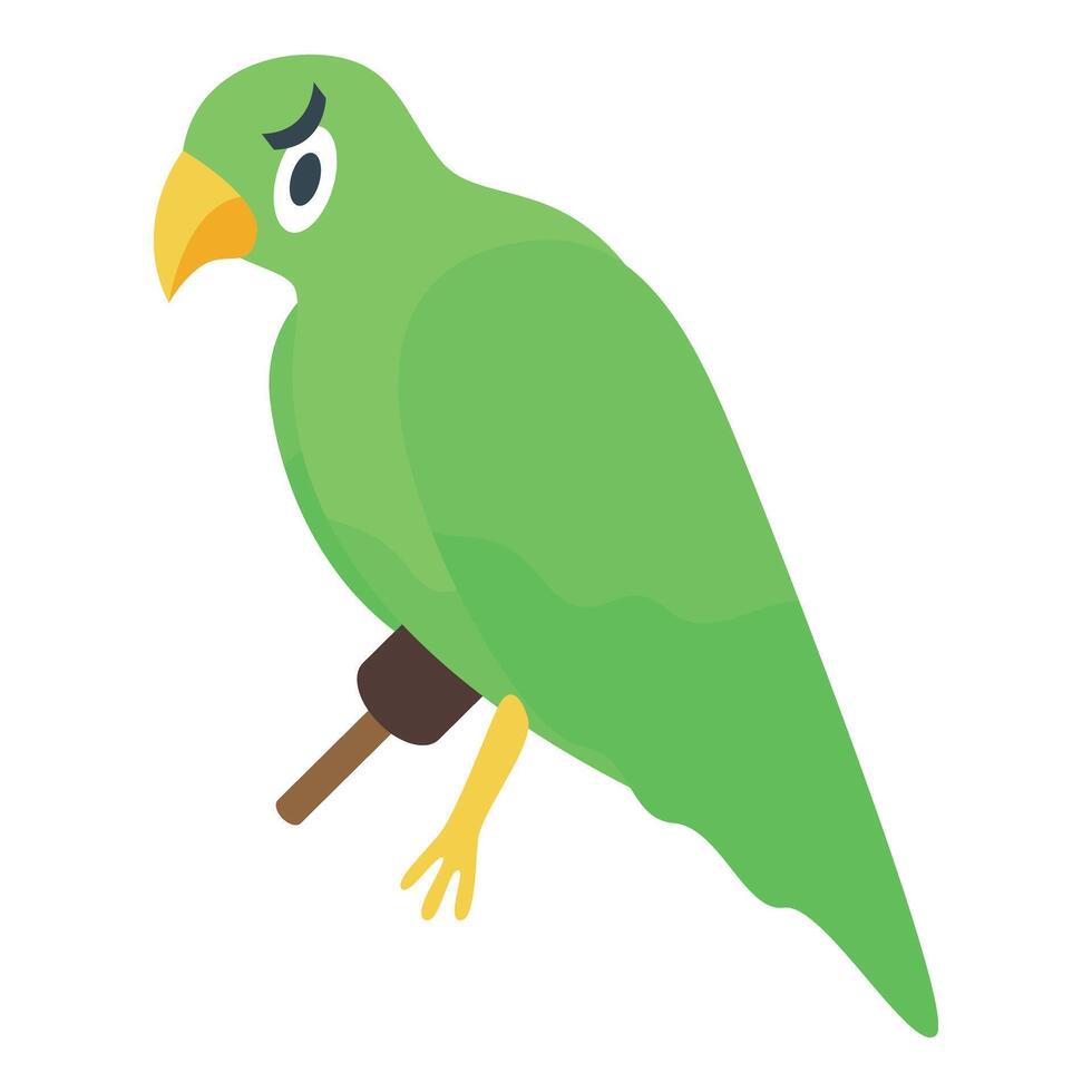 Green parrot perching on branch, vibrant bird illustration vector