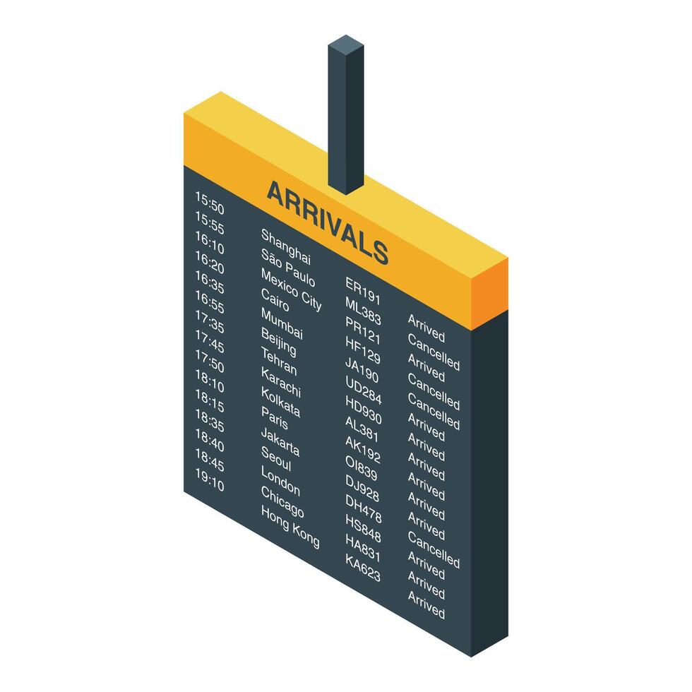Airport arrivals board showing scheduled and cancelled flights vector