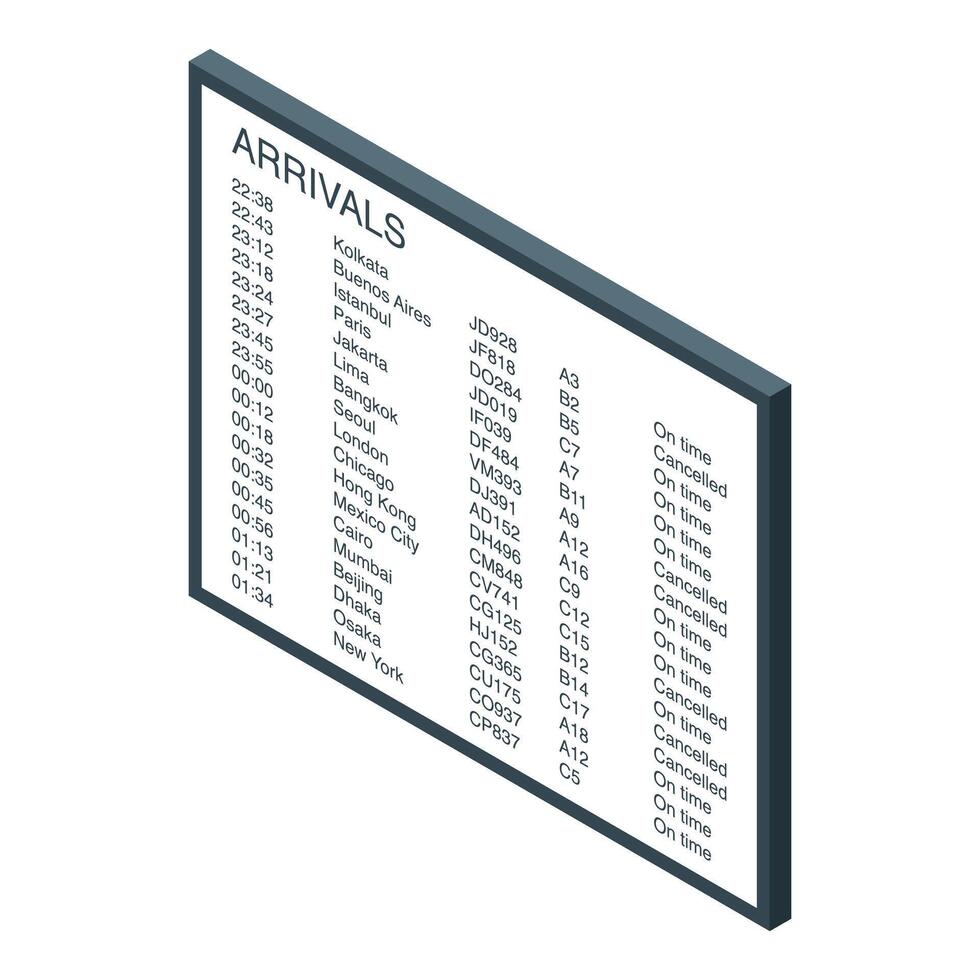 Airport arrivals board showing flight information with destinations, times, and statuses vector